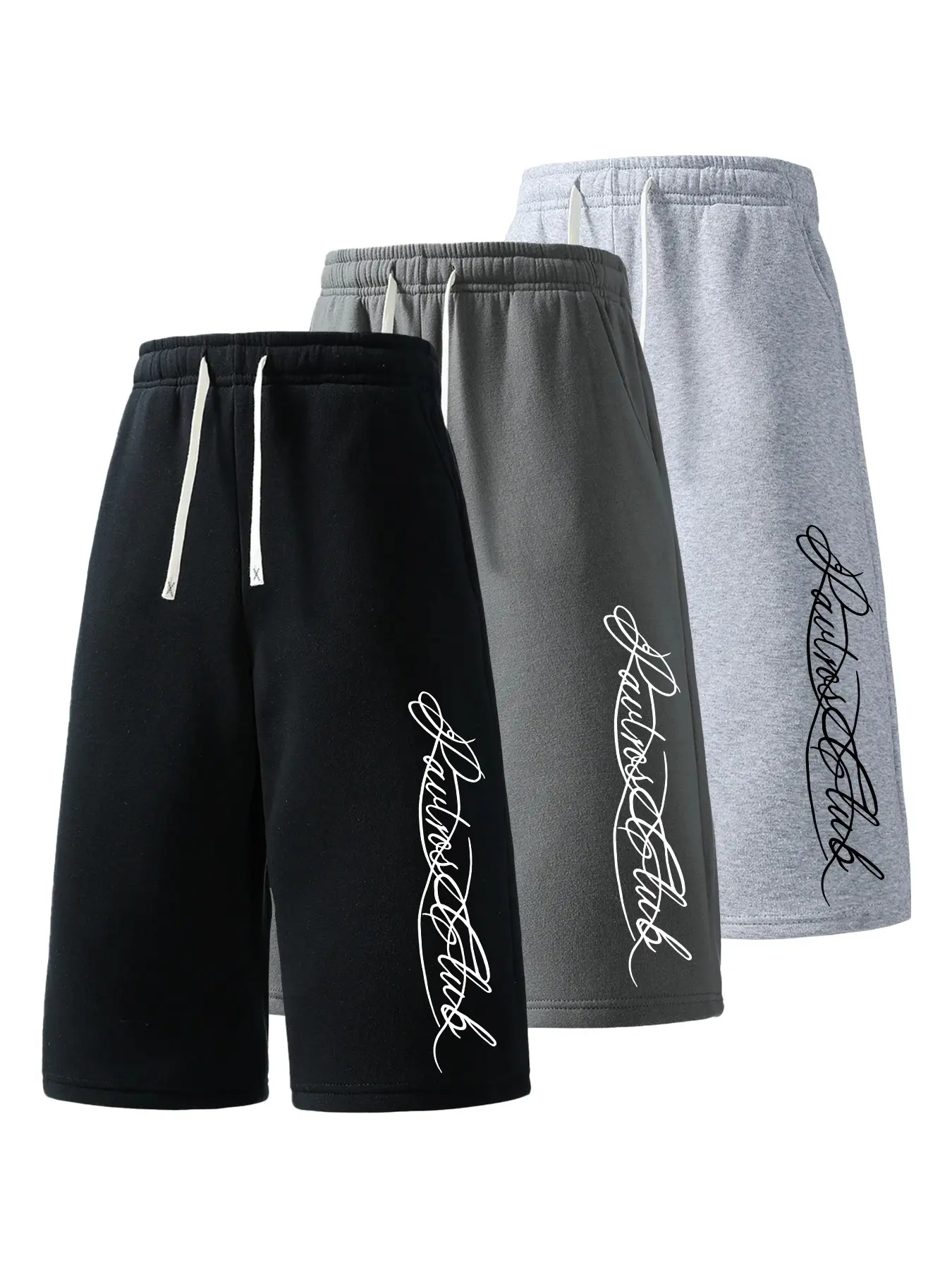 3 Counts Men Cursive Script Graphic 8 Length Capri Breathable Sweat Shorts, Elastic Drawstring High Waist Loose Wide Leg Knee Length Bermuda Bottoms, 3 Colors Casual Summer Streetwear Jogger Shorts