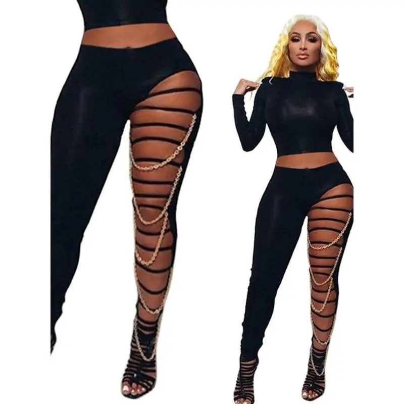 Women's Skinny Black Leggings with Chain Accents - Sexy Cutout Ripped Design, Mid-Waist, Stretchy Full-Length Pants, Dance Clothing Womenswear Fabric