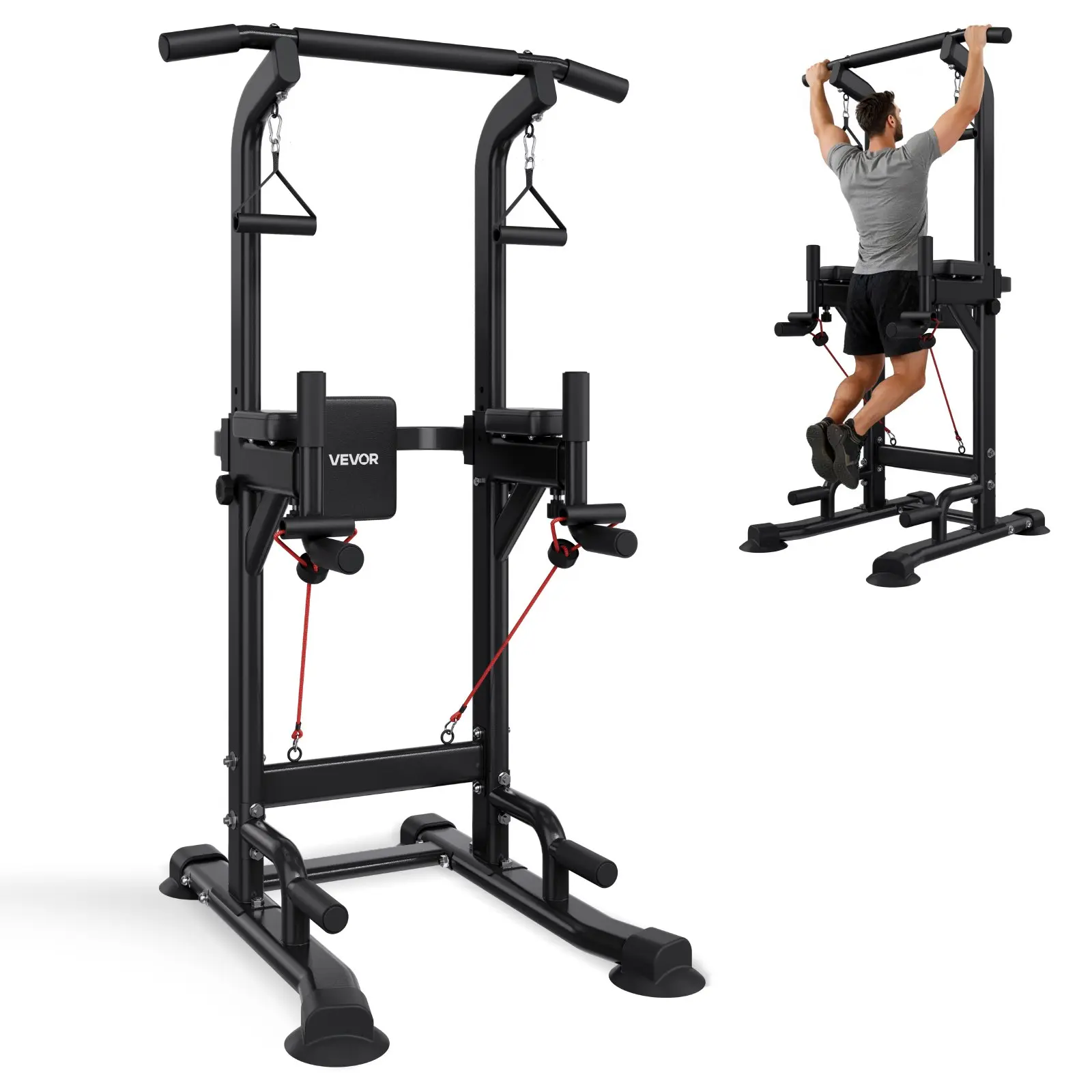 VEVOR Pull Up Bar, 330 LBS Free Standing Power Tower with H-Shaped Stable Base, 12-Level Adjustable Height, 4-Level Adjustable Back Pad for Back Workouts [Tool Upgrade]