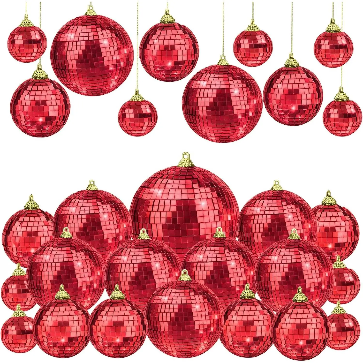 17 Pcs Red Mirror Disco Ball Hanging Ornament Balls for Christmas| Mix Size Lightweight Reflective Decorative Ball for Christmas Tree New Years Music Birthday Party Wedding Home Decor