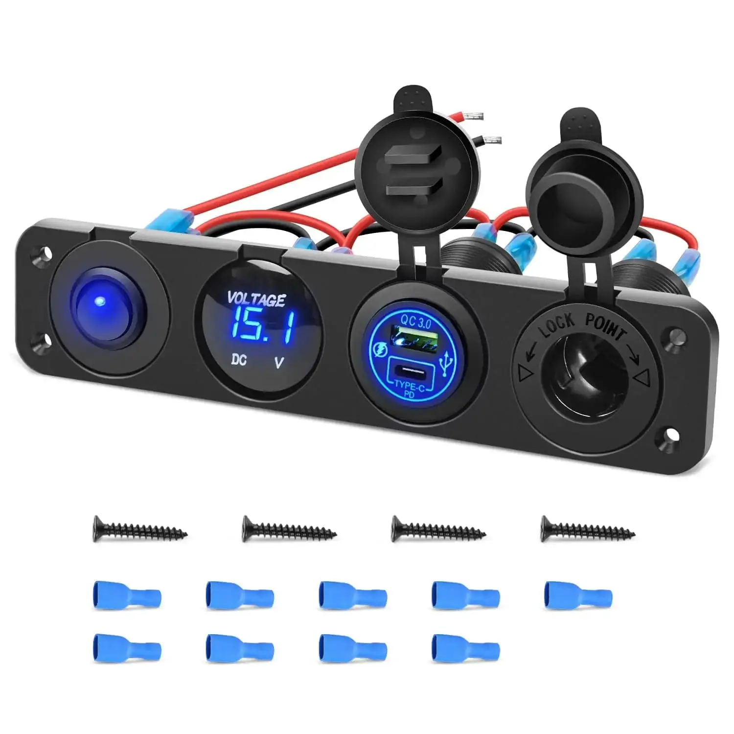 Nilight 4-in-1 Horizontal Pre-Wired DIY Toggle Switch Panel - 12-24V Input, 20A ON/OFF Switch, Blue, PD Type-C QC 3.0 Fast Charging, Voltmeter, Cigarette Lighter Compatible, Hard Plastic, Dual Output, Easy Panel Mount Car USB C Phone Charger for ATV