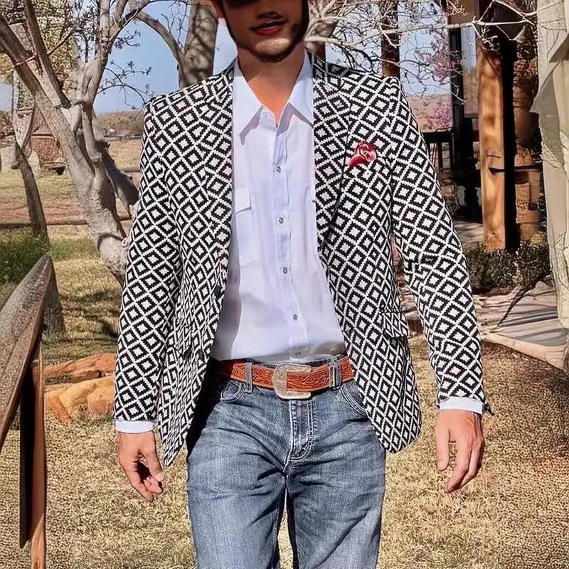 Men's Slim Fit Casual Blazer Western Cowboy Style Denim Jacket for Streetwear Menswear Suit