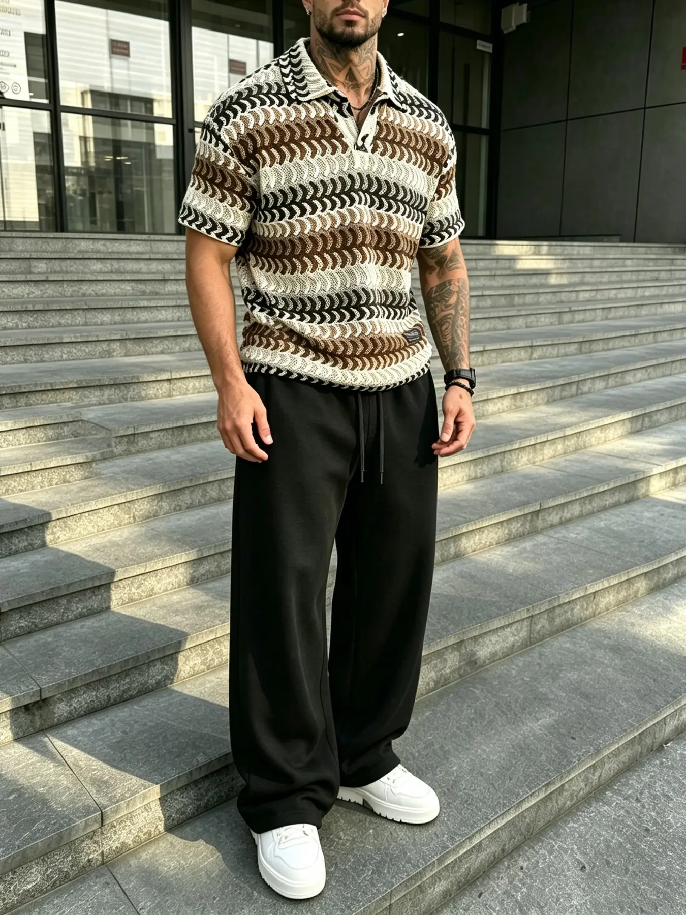 Men's Two-Piece Set, Casual Loose-Fit Polo Shirt and Sweatpants, Fall & Winter Streetwear, Plain Pattern, Comfortable and Stylish