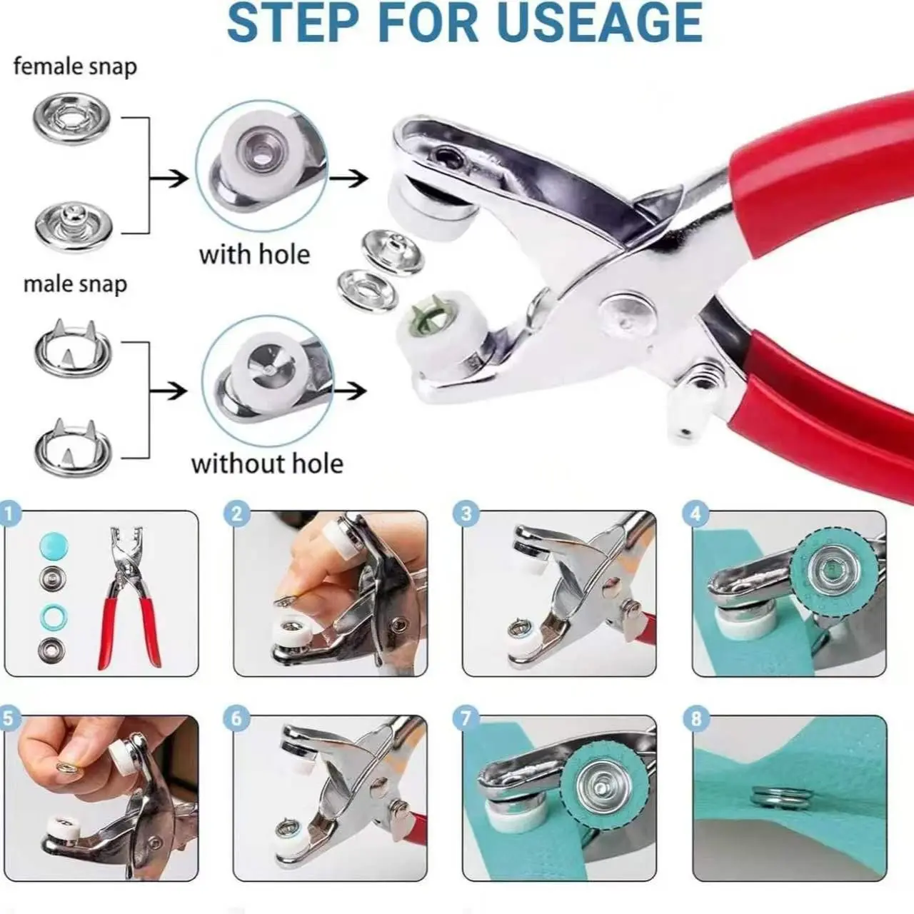 Fabric Snap Fasteners Set of 50, 9mm Metal Snap Kit with Pliers, Tool Included, Five-Prong Snap Tools Set, Essential Sewing Supplies, Sewing Accessories and Supplies