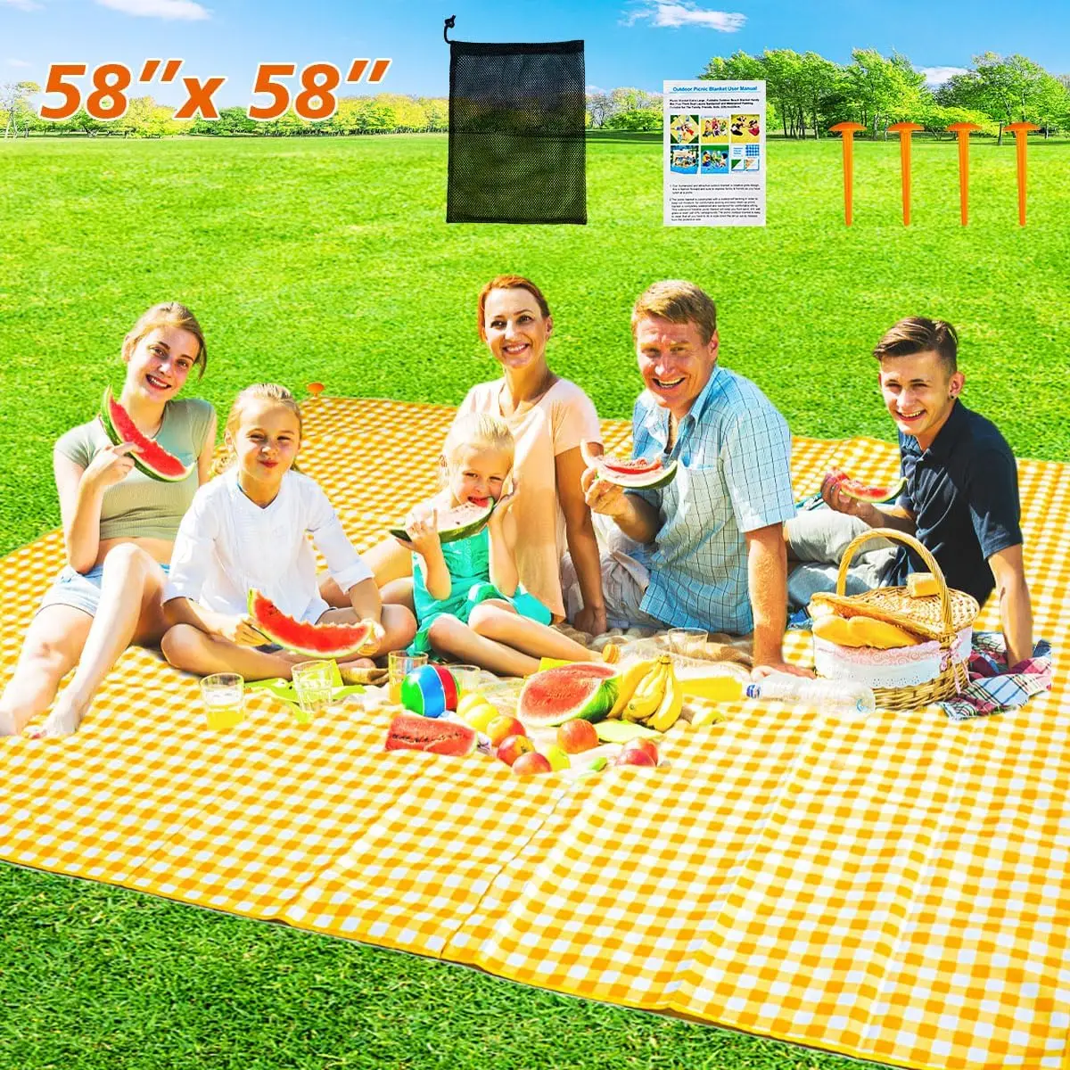 Picnic,  Blanket, Gingham Picnic Mat for Beach, Camping Grass Picnic Blankets. (Yellow 58x58 inch)