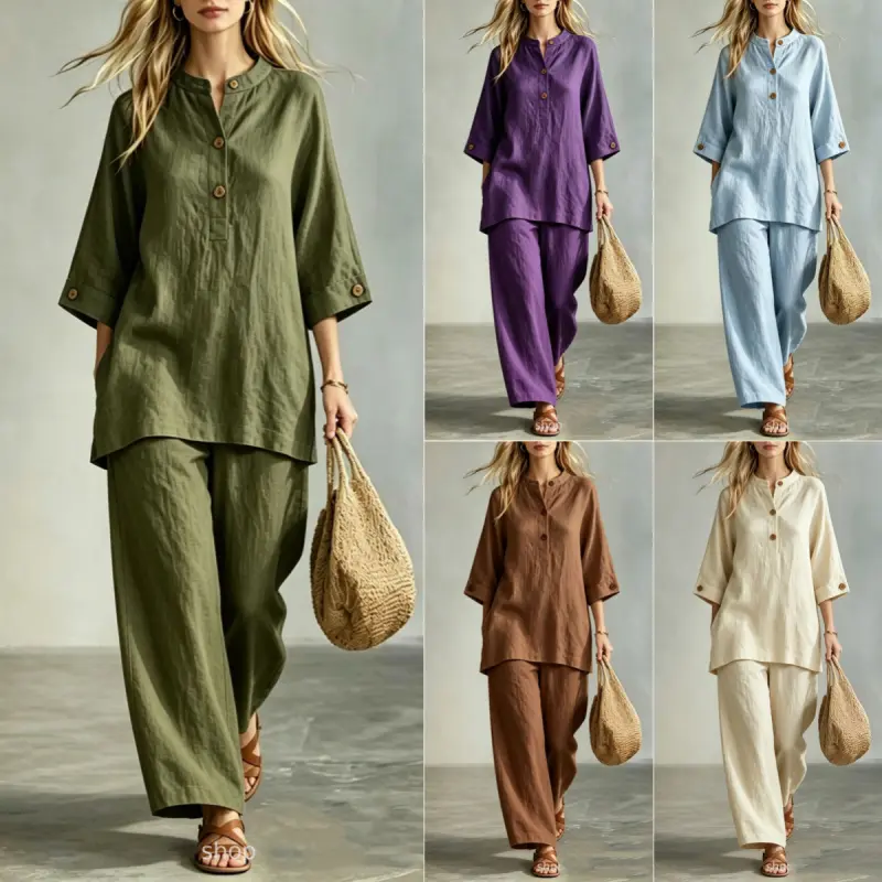 Women's Plus-Size 2-Piece Basic Casual Solid Color Resort-Style Buttoned Elegant Pantsuit Set, Women's Clothes Set