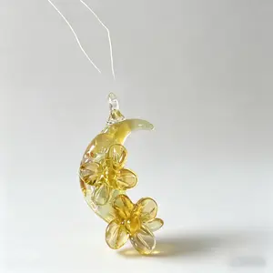 Handmade Moon & Blossom Glass Pendant, Yellow Crystal DIY Charm for Necklace & Bracelet (Cord Not Included)
