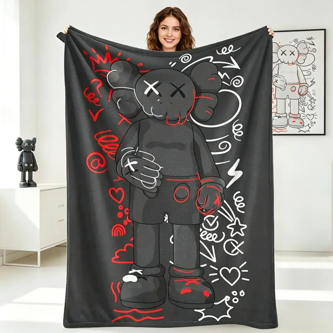 Modern Graffiti Character Flannel Blanket, Abstract Street Art Design Throw Blanket for Adults & Kids, Bold Red and White Plush Fleece Blanket, Soft Warm Cozy Lightweight Blanket for Bedroom Sofa Office Home Decor Travel Gift