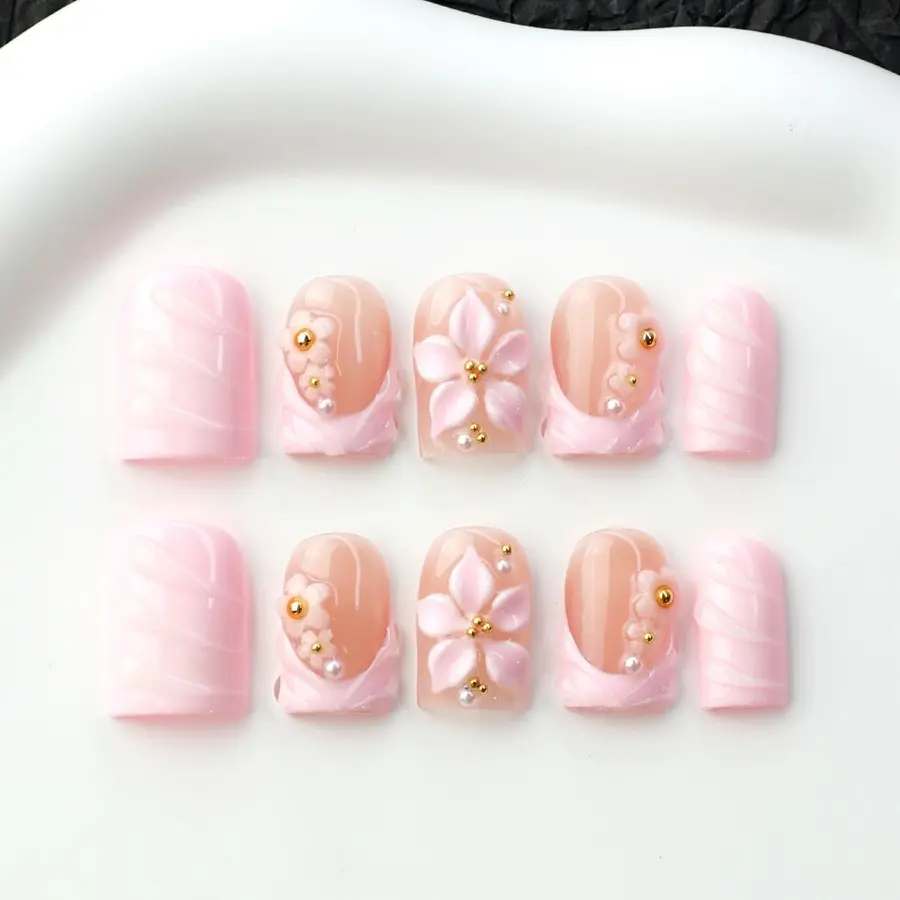 10 Pcs Handmade Press-On Nails, 3D French Crystal Gel False Nails, Floral Ribbon Design, Reusable Durable, Y2K Style, Perfect Gift