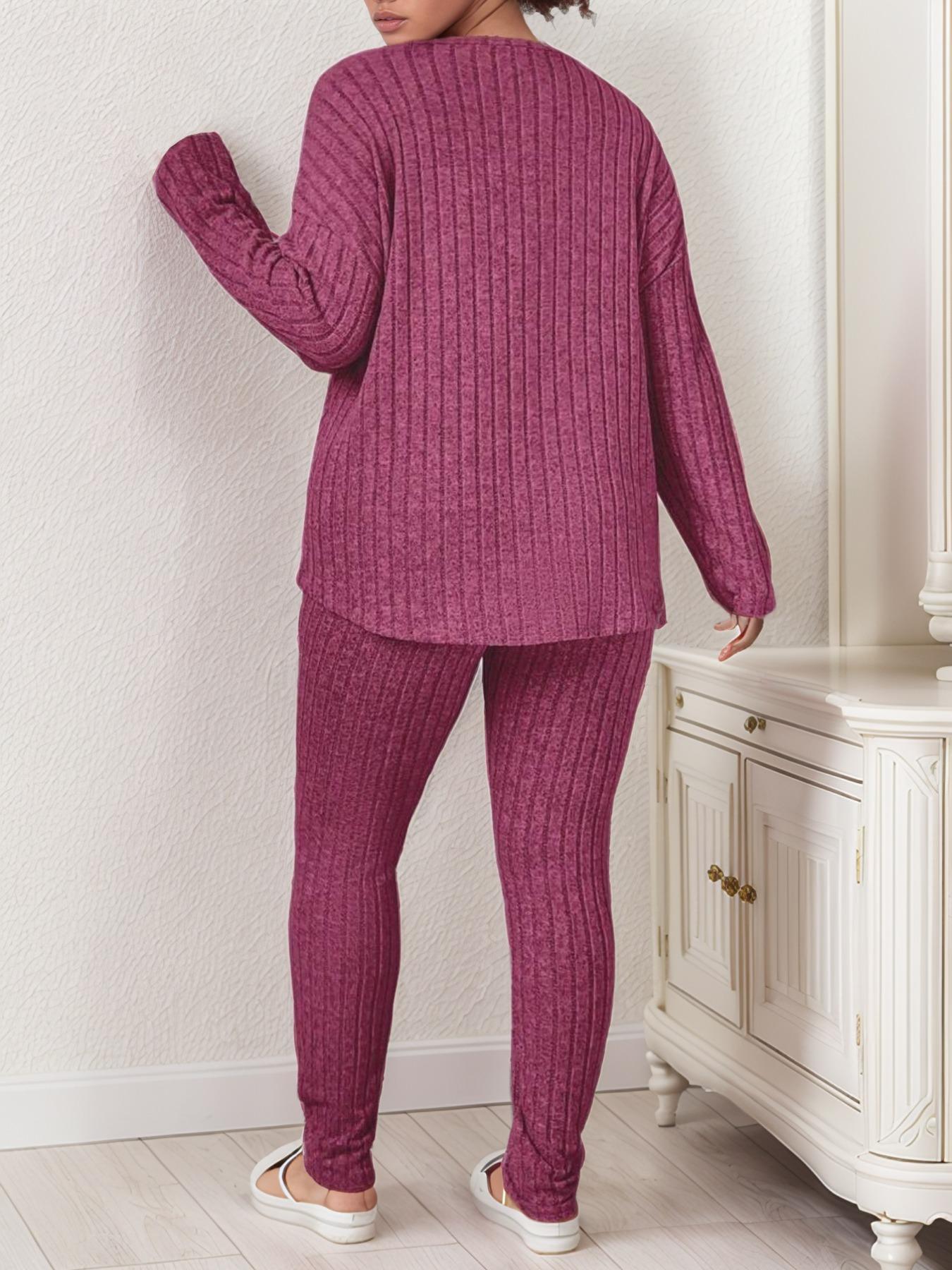 【Plus Size】 Two-Piece Set Solid Drop Shoulder Top & Skinny Pants Ribbed Pajama Set, Casual Comfy Round Neck Long Sleeve Top & Trousers Set, Women's Sleepwear for Fall & Winter