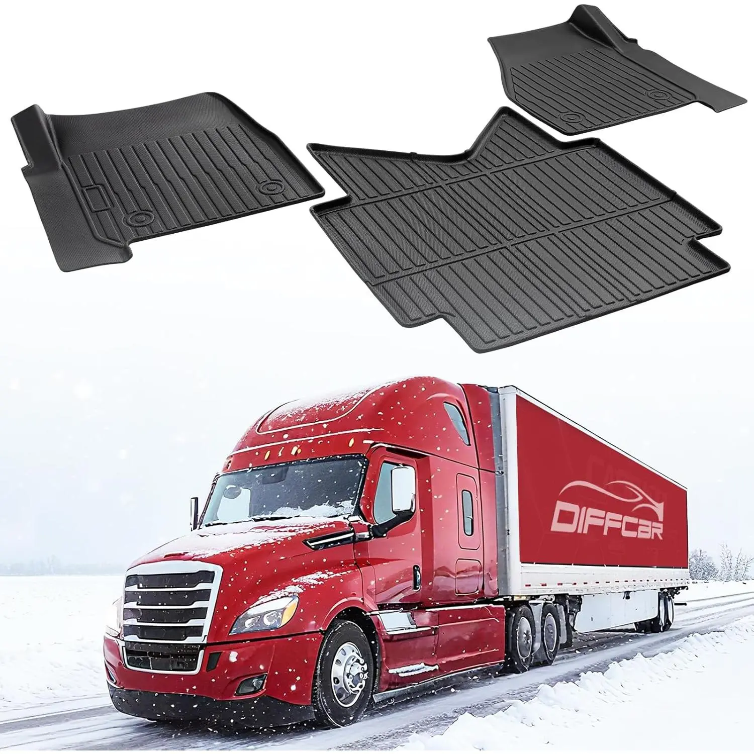 Heavy Duty TPE All Weather Truck Floor Mats Interior Liner Set Pack for Freightliner Cascadia (2018-2026), 3PCS Big Rig Car Interior Accessories Rubber Carpet