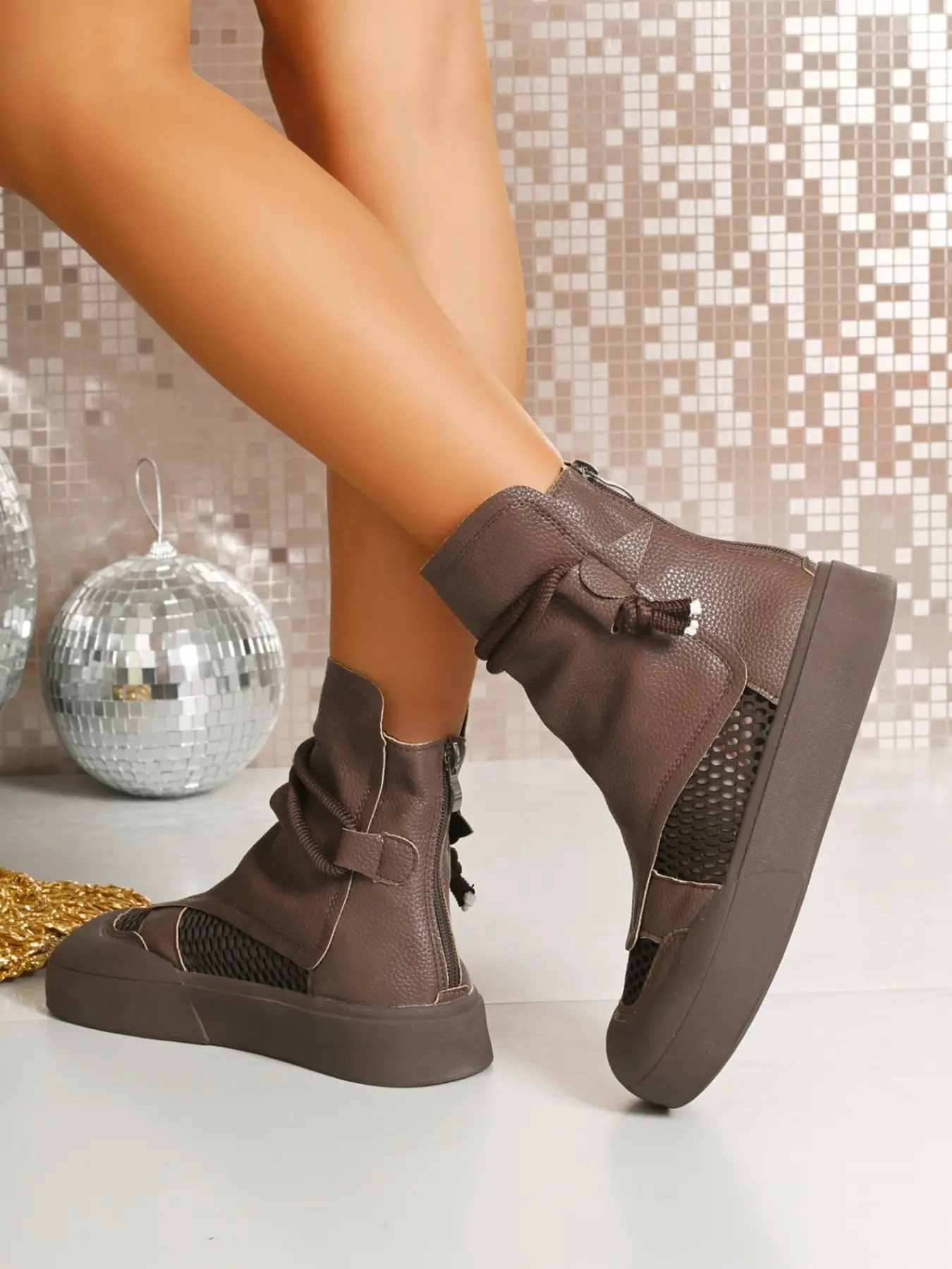 Women's Hollow Mesh Panel Ankle Booties Drawstring Ruched Shaft Back Zipper Platform Flat Summer Boots Brown Faux Leather Breathable Casual Street Footwear
