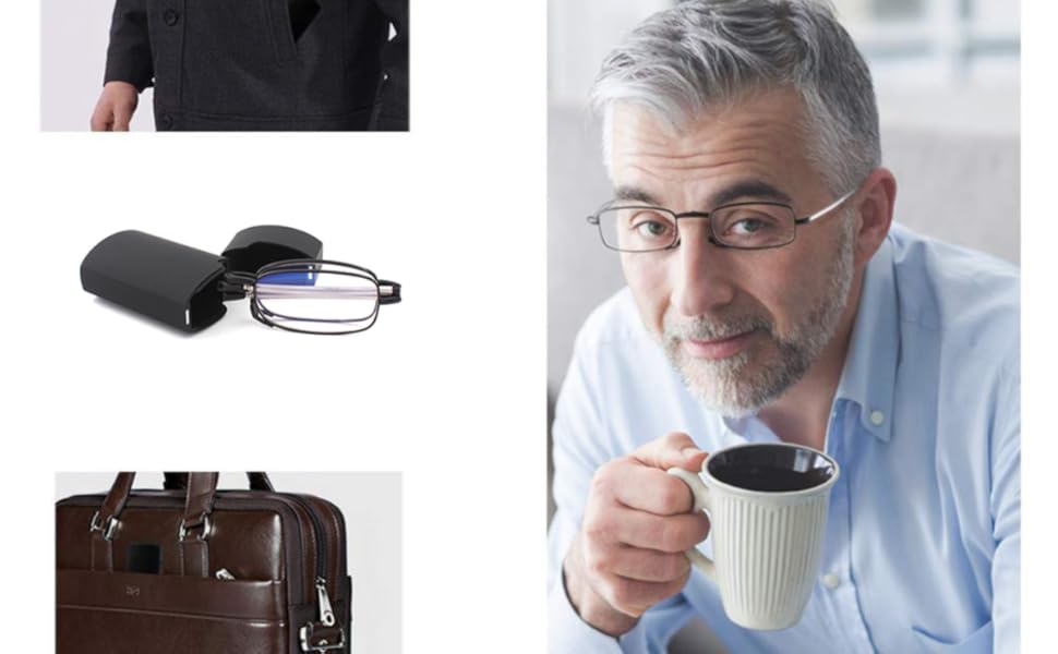 2 Pack Folding Reading Glasses Stainless Steel Mini Anti-Blue Light Blocking Reader for Men Women