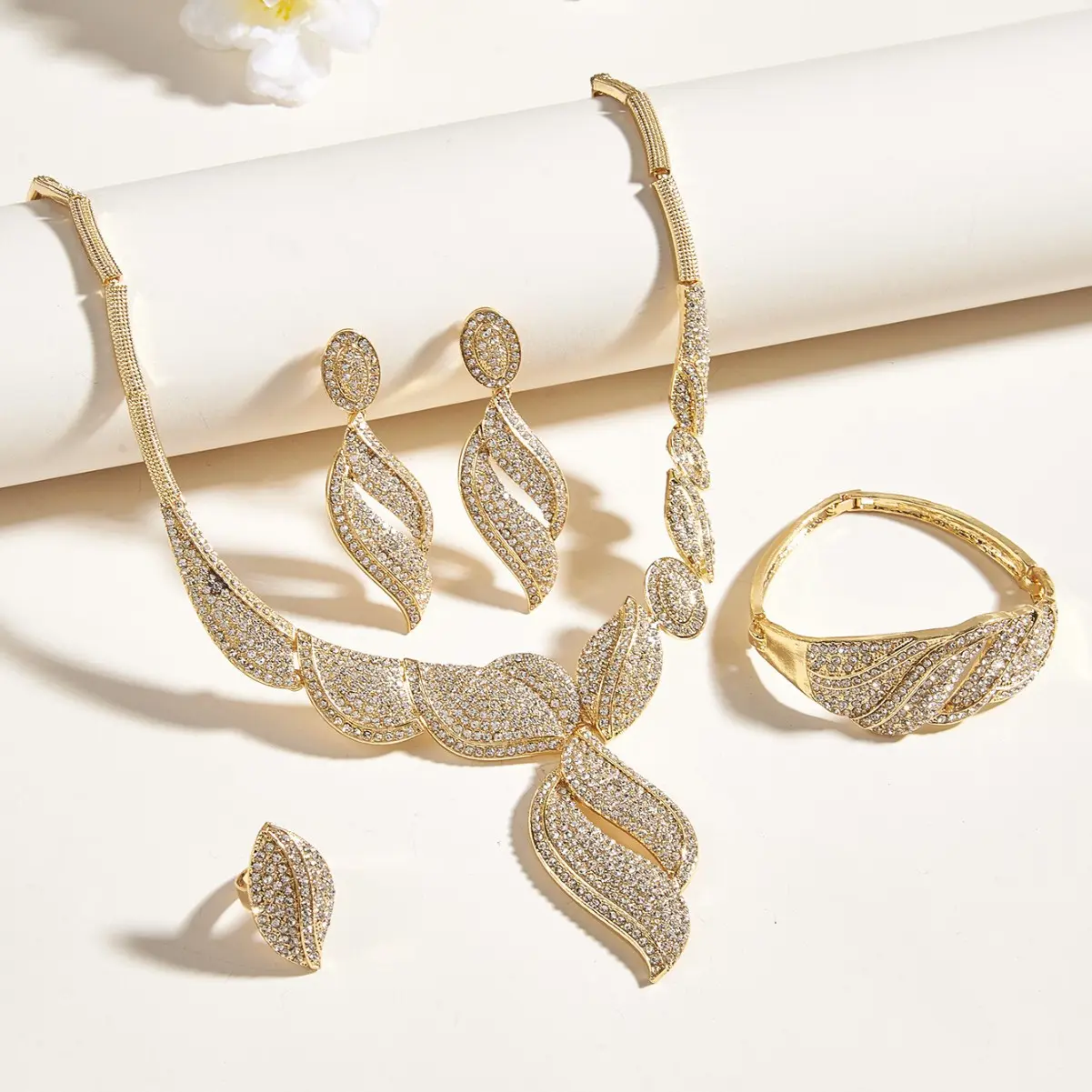 Women's 4-Piece Gold Plated Alloy Rhinestone Jewelry Set - Full Pave Crystals Necklace, Drop Earrings, Leaf Pattern Bangle (Fits Most Wrist Sizes), Ring - Elegant Polished Durable Formal Event Wedding Bridal Accessory, Anniversary Gift