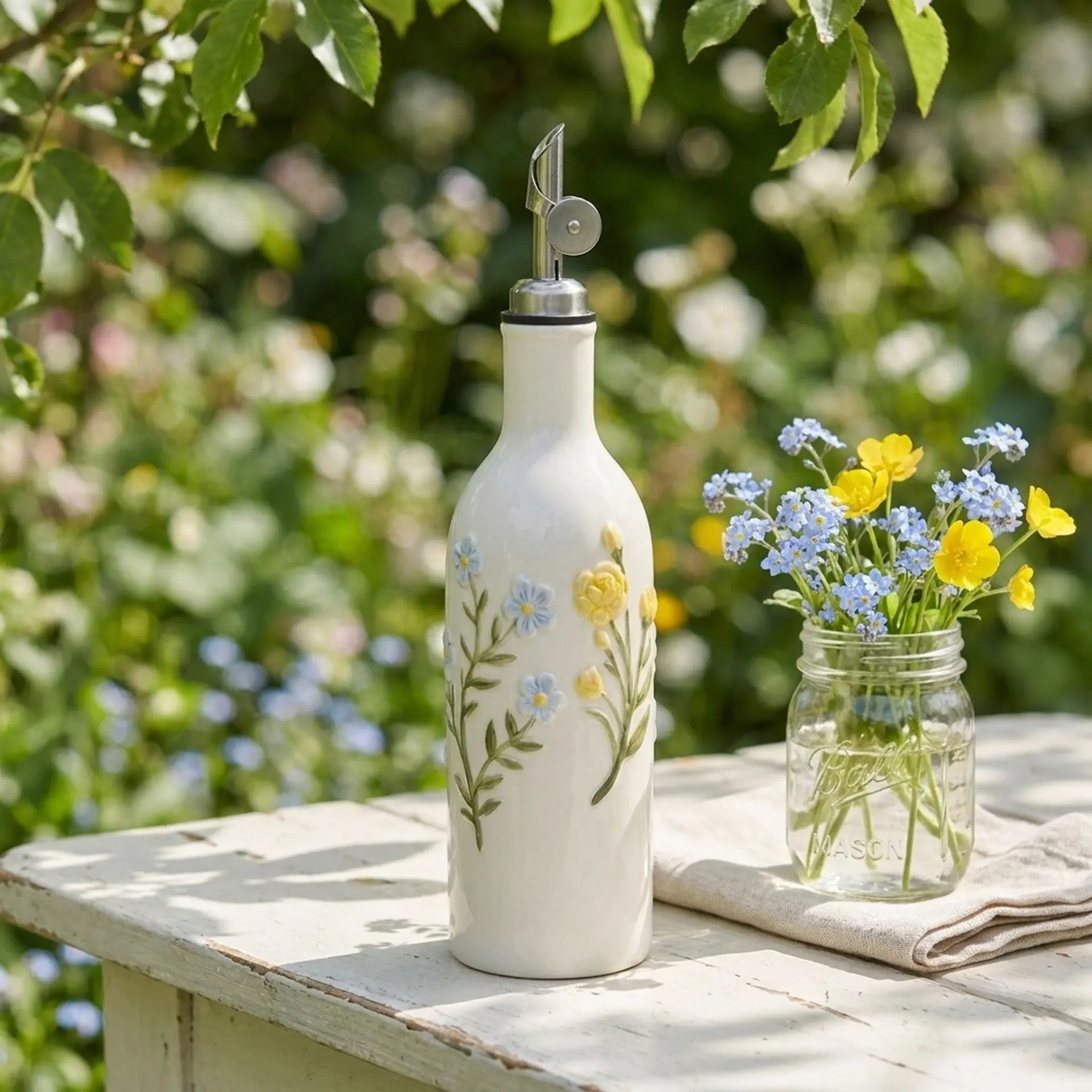 530ML/18oz Ceramic Olive Oil Dispenser Bottle, Hand-Painted Floral Design, Automatic Opening Pour Spout, Kitchen Oil Vinegar Condiment Bottle