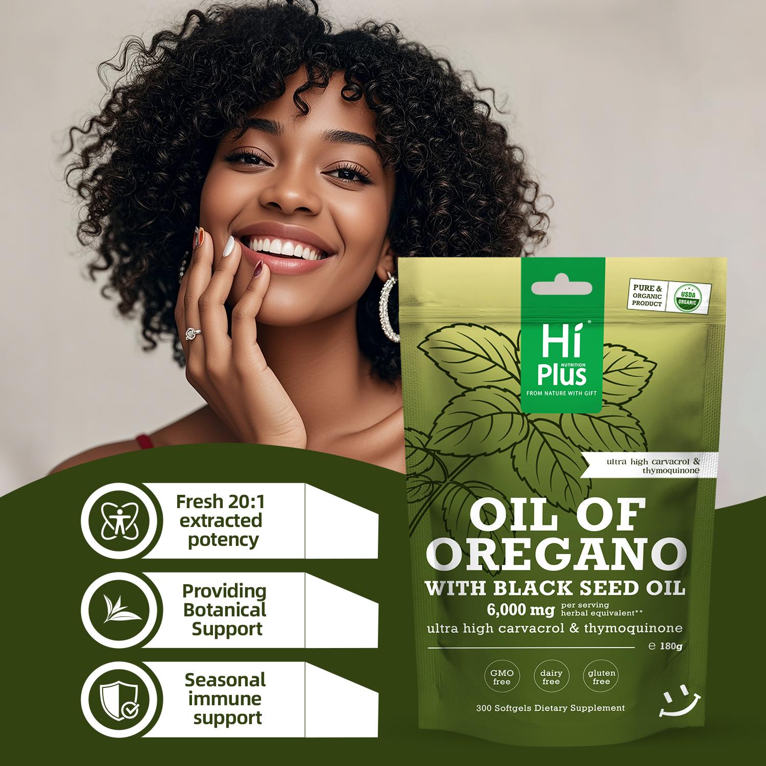 HiPlus Nutrition Oregano Oil with Black Seed Oil Softgels|   Immune Support,Antioxidant Boost|   with Black Seed Oil & High Carvacrol|   Non-GMO, Plant-Based|   300 Count