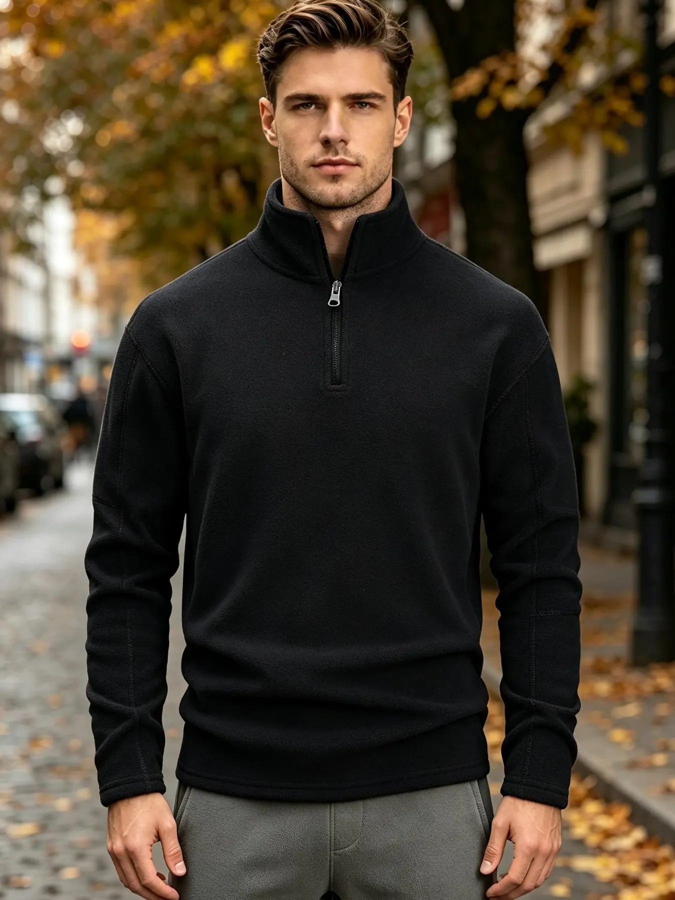 Men's casual half-zip fleece pullover sweater, pure color long-sleeved stand collar top, suitable for outdoor and daily wear