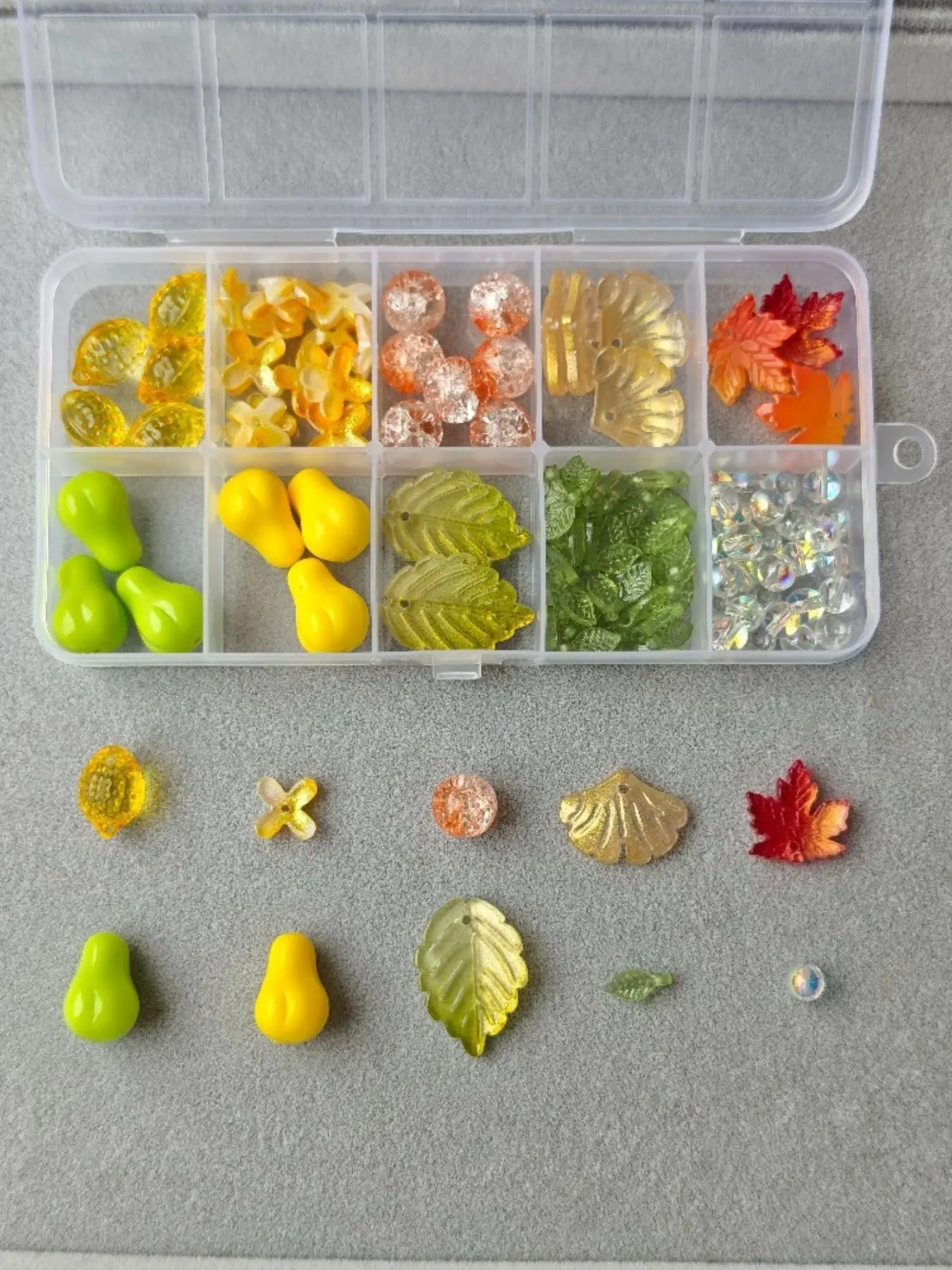 Autumn Garden Bead Set, 110 Pieces Glass and Plastic Leaf Flower Charms, Rainbow Glitter, DIY Bracelet Necklace Jewelry Kit, Includes Storage Box