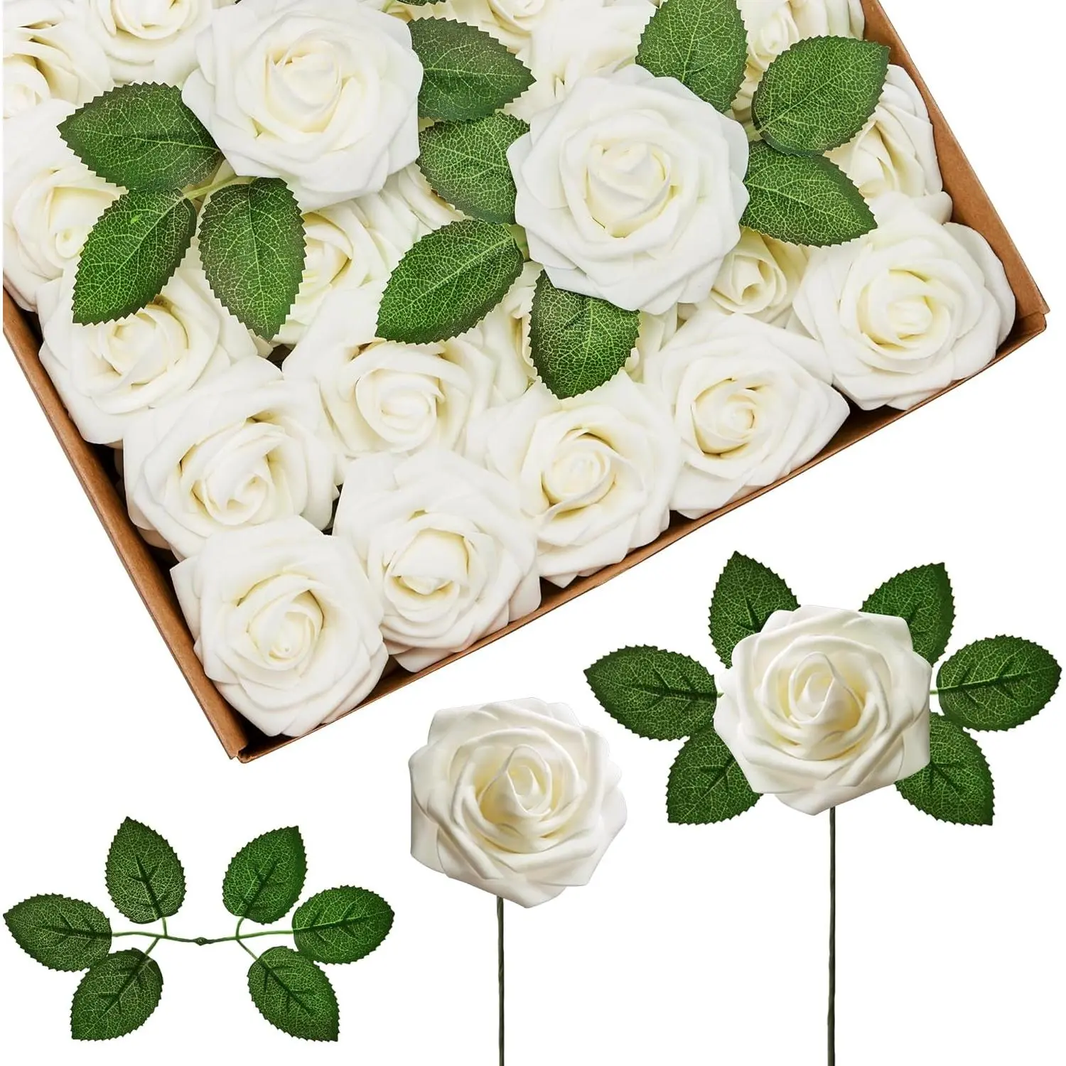 Bulk Boxed Red & Cream Foam Fake Roses with Stems, 25/50 Pcs Indoor Artificial Flowers for DIY Wedding Bouquets, Centerpieces Floral money bouquet flower bouquets