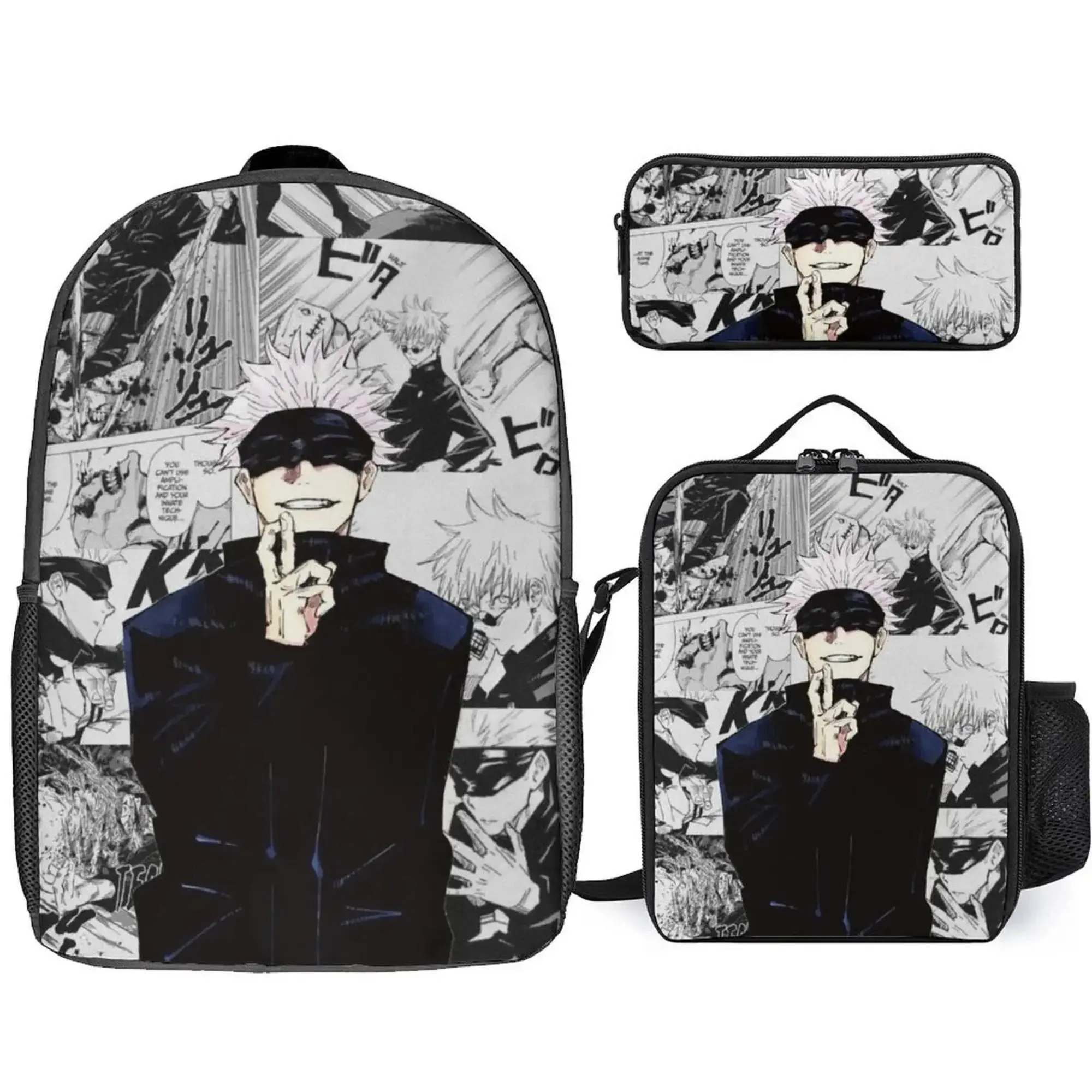 Jujutsu Kaisen Satoru Gojo Anime Backpack 3-Piece Set - Breathing Mesh, High-Capacity, Cartoon Graphic, Pencil Purse, 2 Side Pockets (8.7''L x1.77''W x4.7''H) for Back to School Haul, Campus Life, Going Out, Anime Backpacks, Excursion, Synthetic, Roomy, L