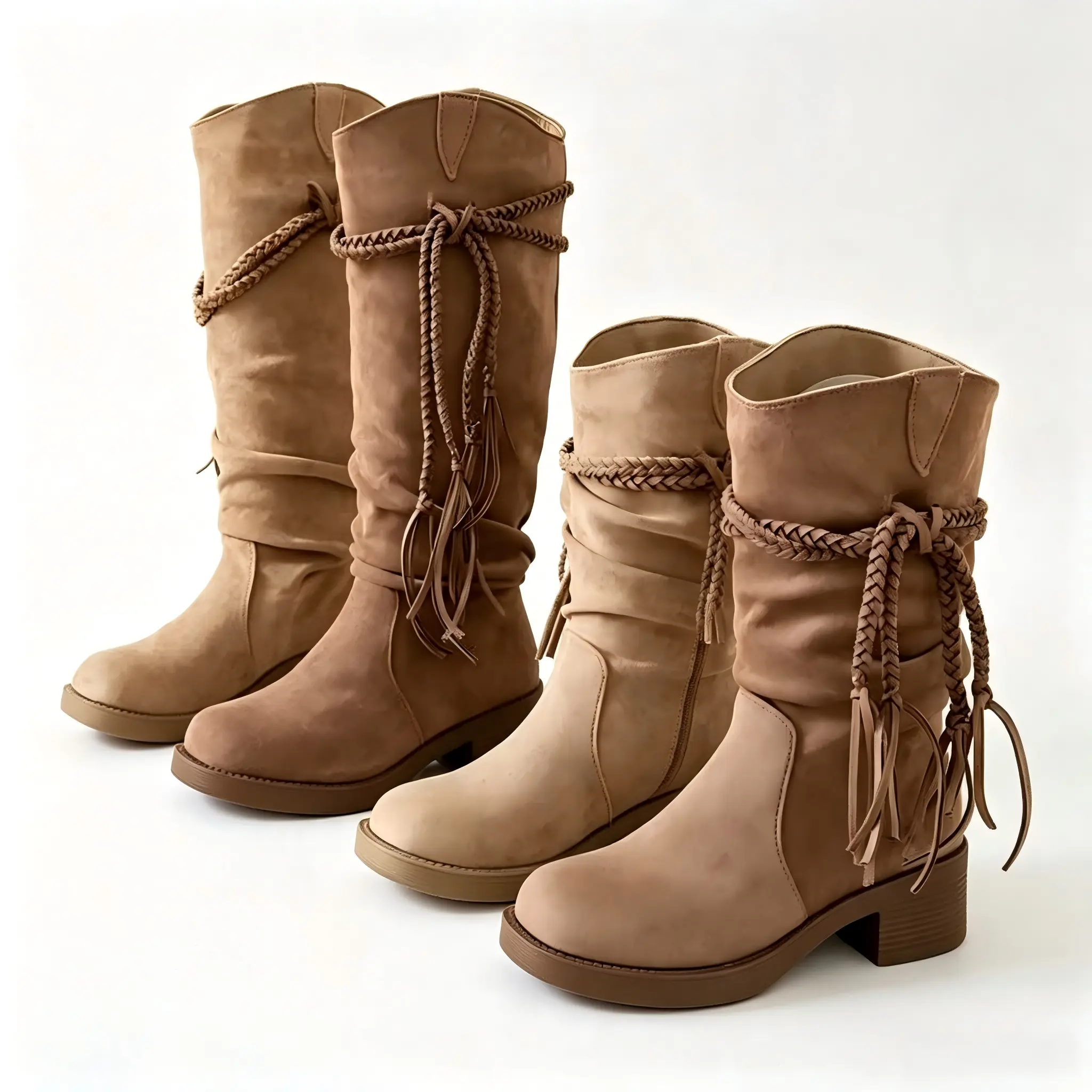 Women's Stylish Khaki Brown Slouchy Cowboy Boots - Braided Tassel Design, Chunky Block Heels, Mid-Calf to Knee-High Shoes for Women, Autumn Winter Footwear
