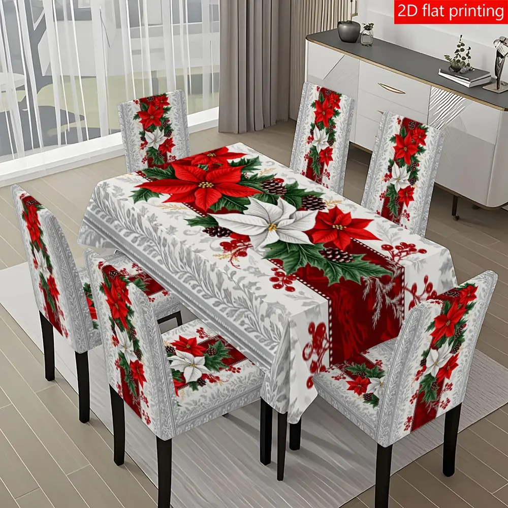 5/7PCS autumn and winter Christmas silver gray poinsettia Christmas ball tablecloth chair cover set (1 tablecloth+4/6 chair covers) 140 * 210cm tablecloth, easy to disassemble and wash, suitable for autumn home decoration/kitchen decoration