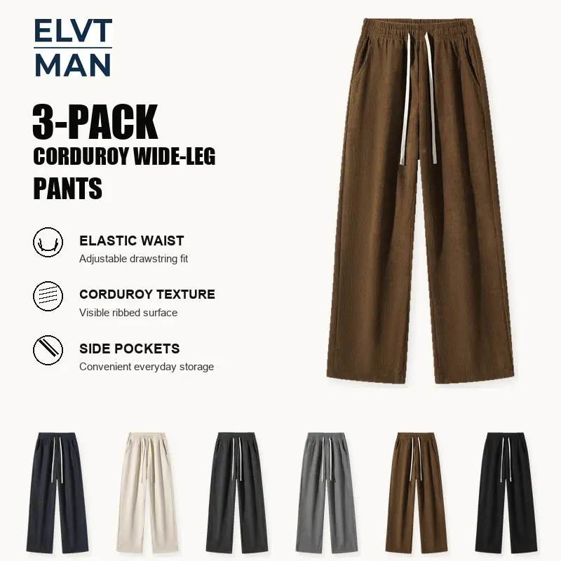 Men's Corduroy Wide-Leg Pants, 3-Pack Mixed and Same Color Options, Coffee Brown Feature Display, Relaxed Full-Length Casual Pants with Pockets, Everyday Sizes S-XXL