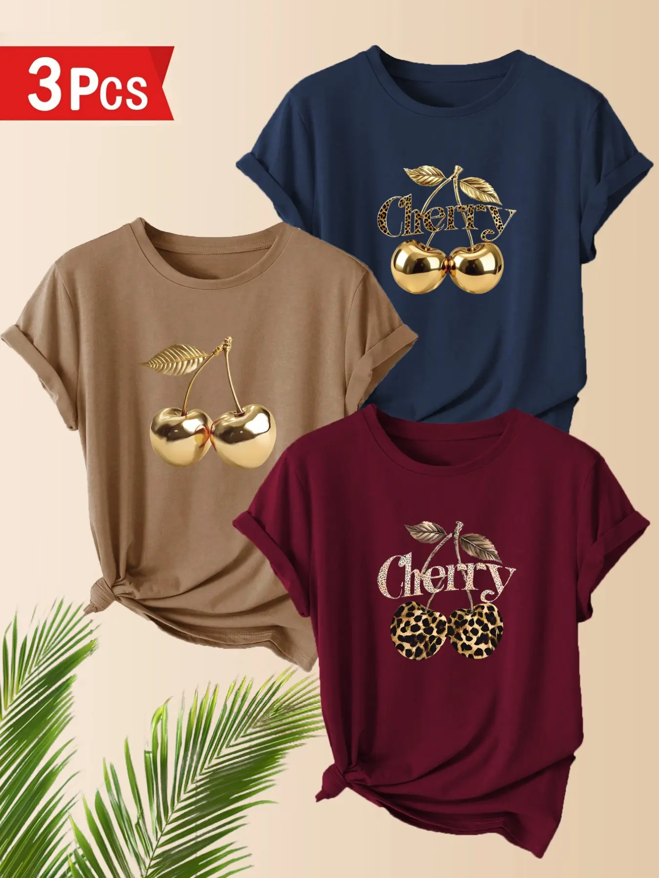 3-Pack Women's Casual T-Shirts, Cherry Pattern Print, Polyester, Round Neck Short Sleeve, Comfortable for Spring Summer