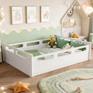78.27*57.01*16.54 Inch Natural Full Size Pine Wood Low Floor Platform Bed with Surround Guardrails, Fits 6 Inch Mattress Minimalist Japandi Scandinavian Style Wood Bed