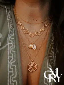 CYL&RY Vintage 70s Hippie Spiral Shell Multi Layer Gold Necklace for Men & Women, Retro Open Swirl Metal + Cowrie Tiered Chain, Festival Must-have for Outdoor Music Concerts, Boho Raves & Retro Throwback Streetwear