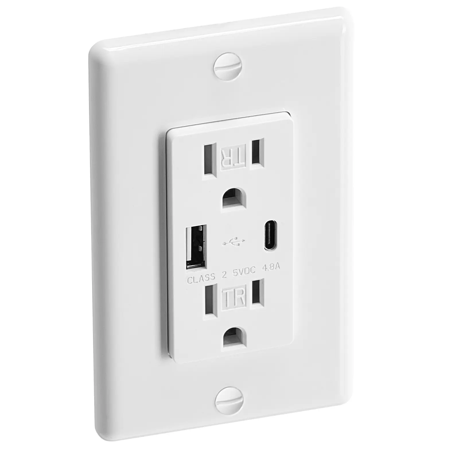 White Wall Socket - 24W Output, 15A Tamper-Proof Unit with 1 Type-C Fast Charge Port, 1 Type-A Port, 2 3-Prong AC Outlets, Screwless Wall Plate for Multiple Device Charging