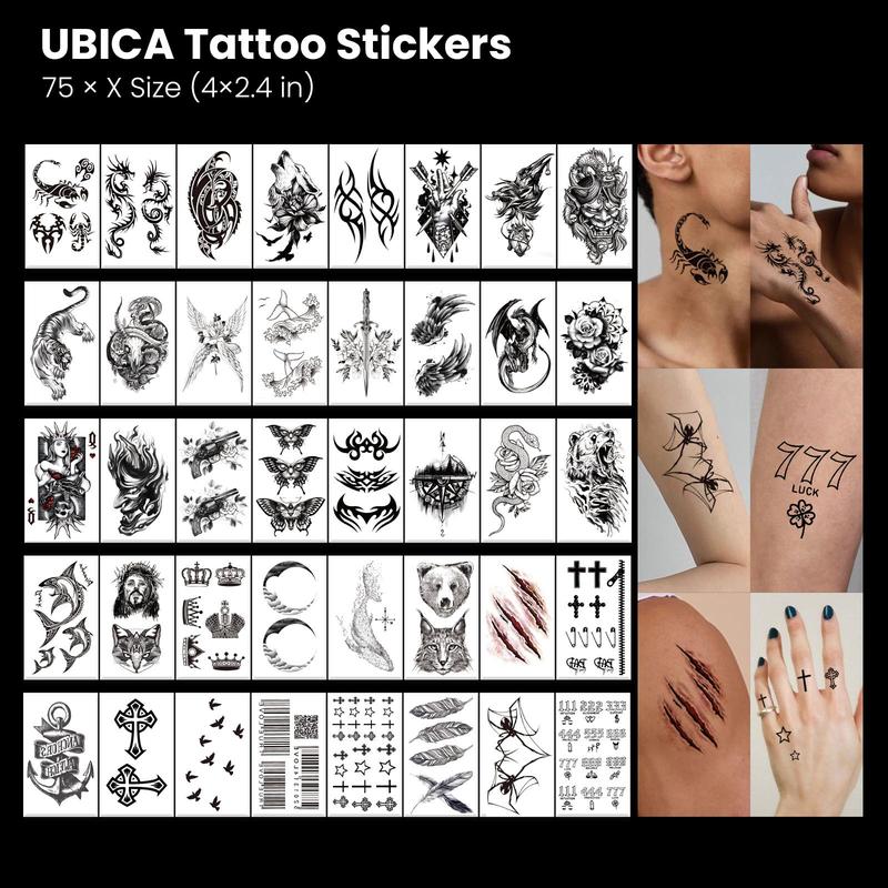77 Sheets Christian Temporary Tattoos | Cross & Angel Faith Designs | Black Ink Realistic Religious Body Art | Large Half Arm & Small Detail Tattoos | For Women Men Adults & Kids