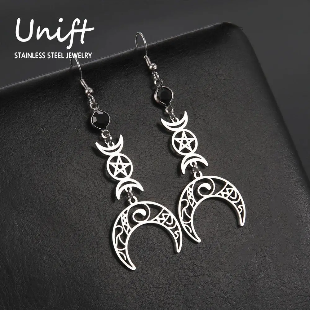 Unift Goth Stainless Steel Vintage Jewelry - Triple Rune, Moon Phases, Pentagram, Witch Knot Design Hypoallergenic Earrings Set for Women, Daily Wear Oxidation-Resistant Ear Piercing Accessories, Earrings For Women, Resists Oxidation, Rune Motifs, Vintage