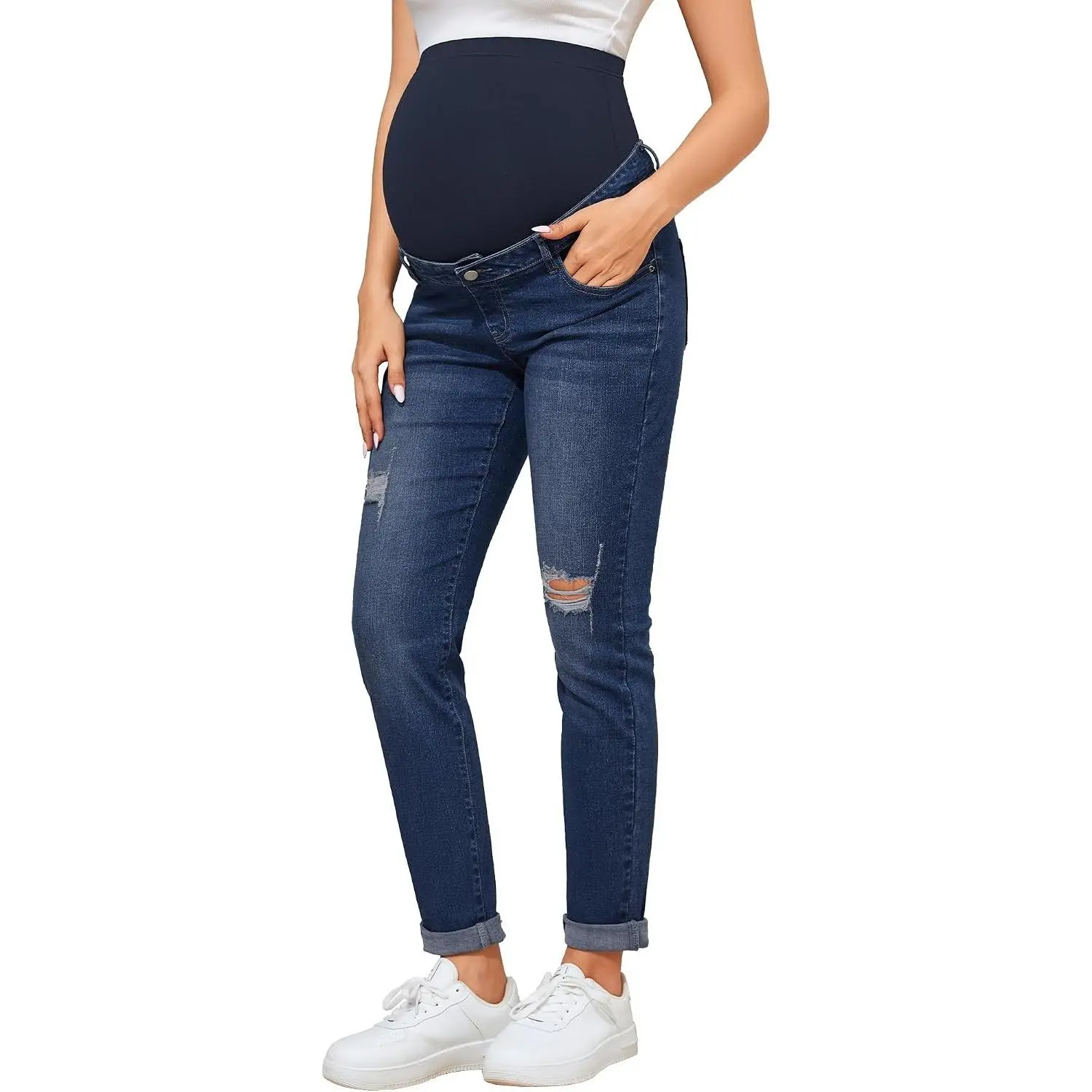 Women's Maternity Ripped Jeans High-Rise Stretchy Distressed Denim Pants with Belt Loops & Pockets