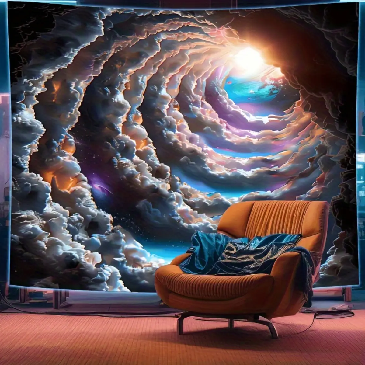 Dreamy Cloudscape UV-Reactive Tapestry Wall Hanging - Vibrant Cosmic Landscape Art with Swirling Clouds & Stars, Easy-Care for Bedroom & Living Room Decor, Indoor Use, Celestial Decor, Mystical Ambiance, Peach Light Beige Texture