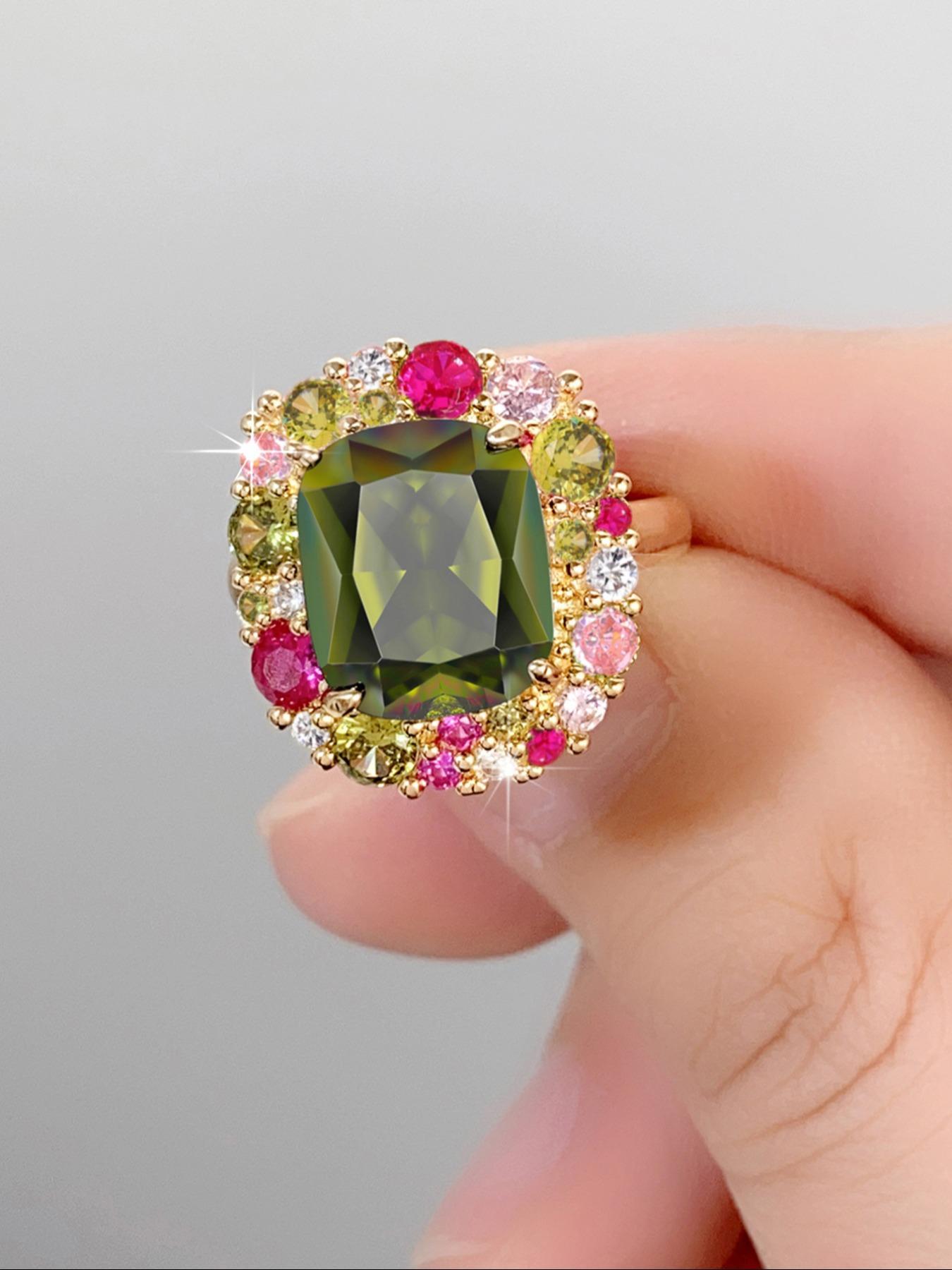 Artificial Zirconia Ring, Elegant Colorful Rhinestone Decorated Ring for Women for Party, Daily Clothing Decor, Trendy & Exquisite Wedding Party Jewelry Gift