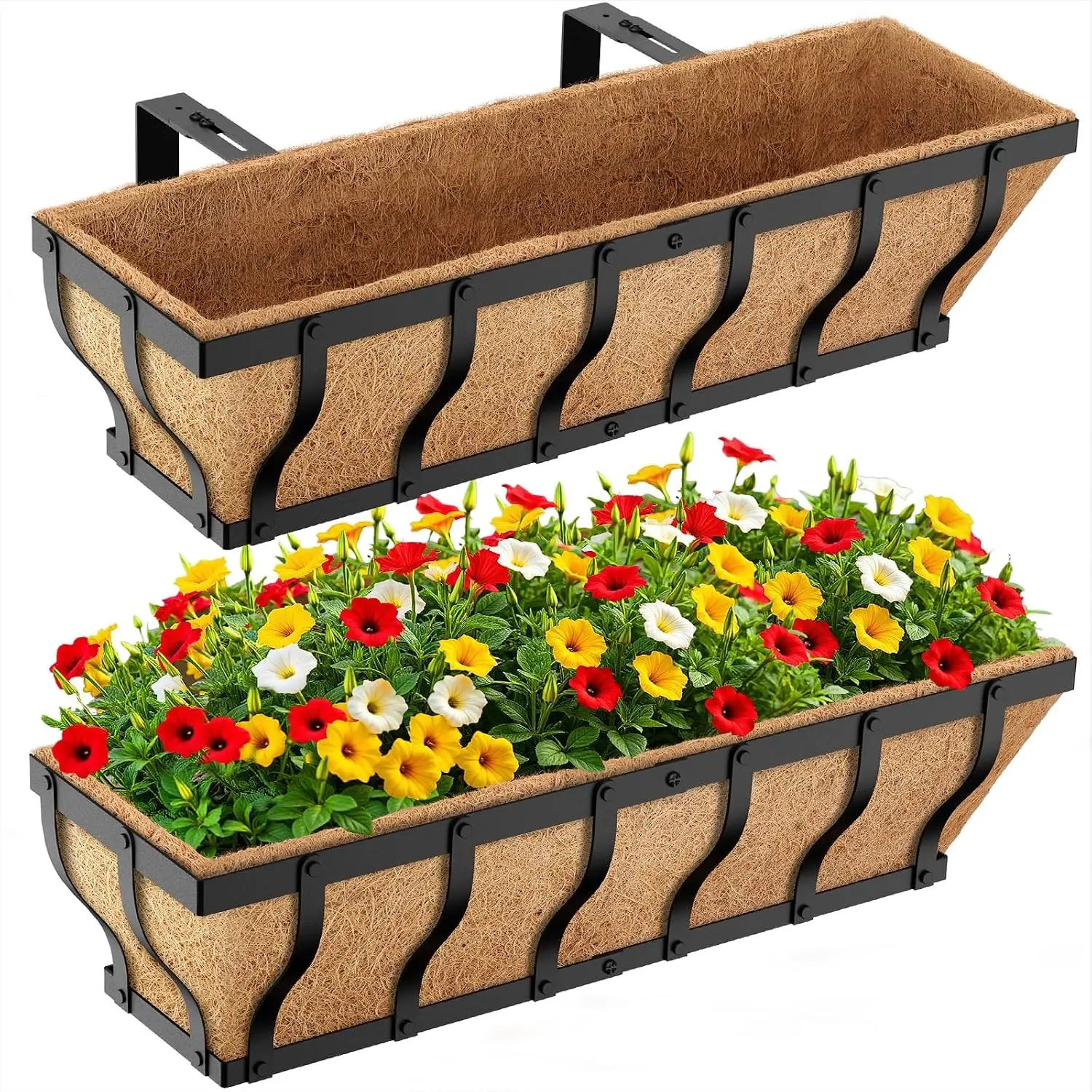 Railing Planter Boxes, Heavy Duty Window Box Planters, Adjustable Balcony Planters for Railing Hanging, with Coco Liner for Deck, Porch, and Patio Gardening (2 Pack, 24 Inch)