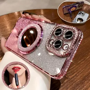 Luxury Gradient Glitter Pink Rhinestone-Accent TPU Smartphone Cover, Casing with Detachable Mirror Stand, Magnetic Bracket Holder, Tempered Glass Screen Protector, Cam Protection - Protective Cellphone Accessories for iPhone 12-16 Pro Max