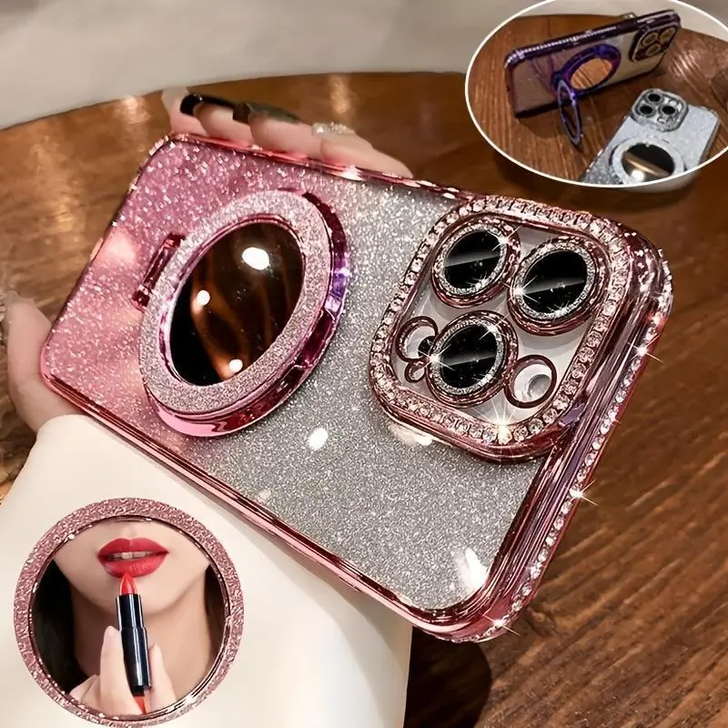 Luxury Gradient Glitter Pink Rhinestone-Accent TPU Smartphone Case with Detachable Mirror Stand, Magnetic Bracket Holder, Tempered Glass Screen Protector, Cam Protection - Protective Accessories for iPhone 12-16 Pro Max