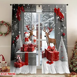 2Pcs Christmas Snowman Reindeer Gift Box Tree Curtains, Festive Winter Scene Print, Digital Printing Technology, Light Filtering Privacy Protection, for Living Room Bedroom Holiday Home Decor