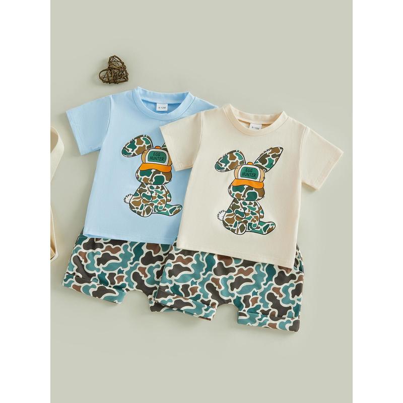 Kids Boys Shorts Set, Short Sleeve Rabbit Print T-shirt with Camouflage Shorts Easter Clothes Summer Outfit
