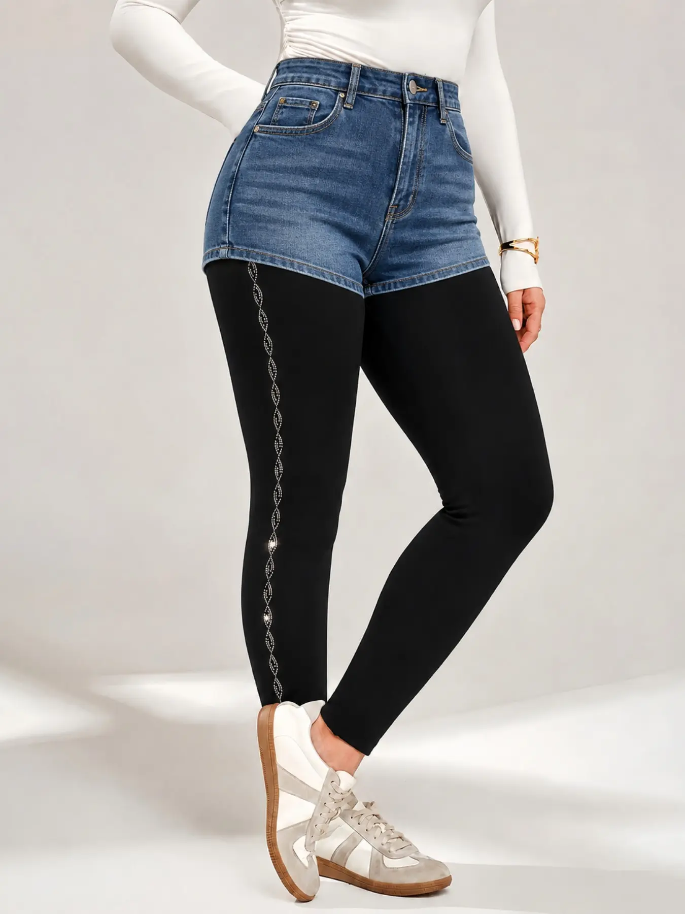 Women's Fitted Rhinestone Wave Side Leggings, High Waisted Legging, High Waist Stretch Ankle Pants, Sexy Casual Street, All Seasons Wear