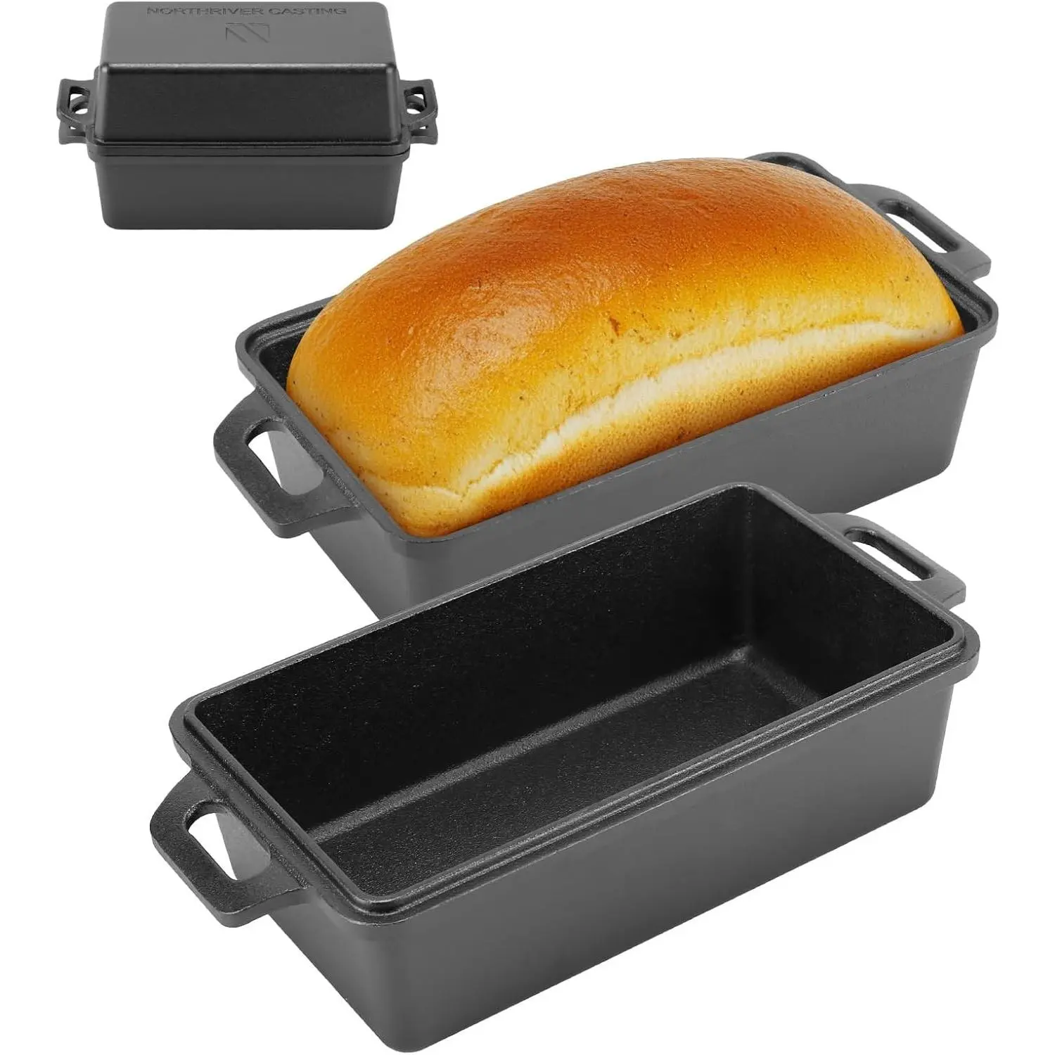Casting 9×5 Inch Cast Iron Loaf Pan with Lid | Bread Baking Pan | Even Heat Distribution for Homemade Bread, Cake, and Meatloaf | 2 Piece Set