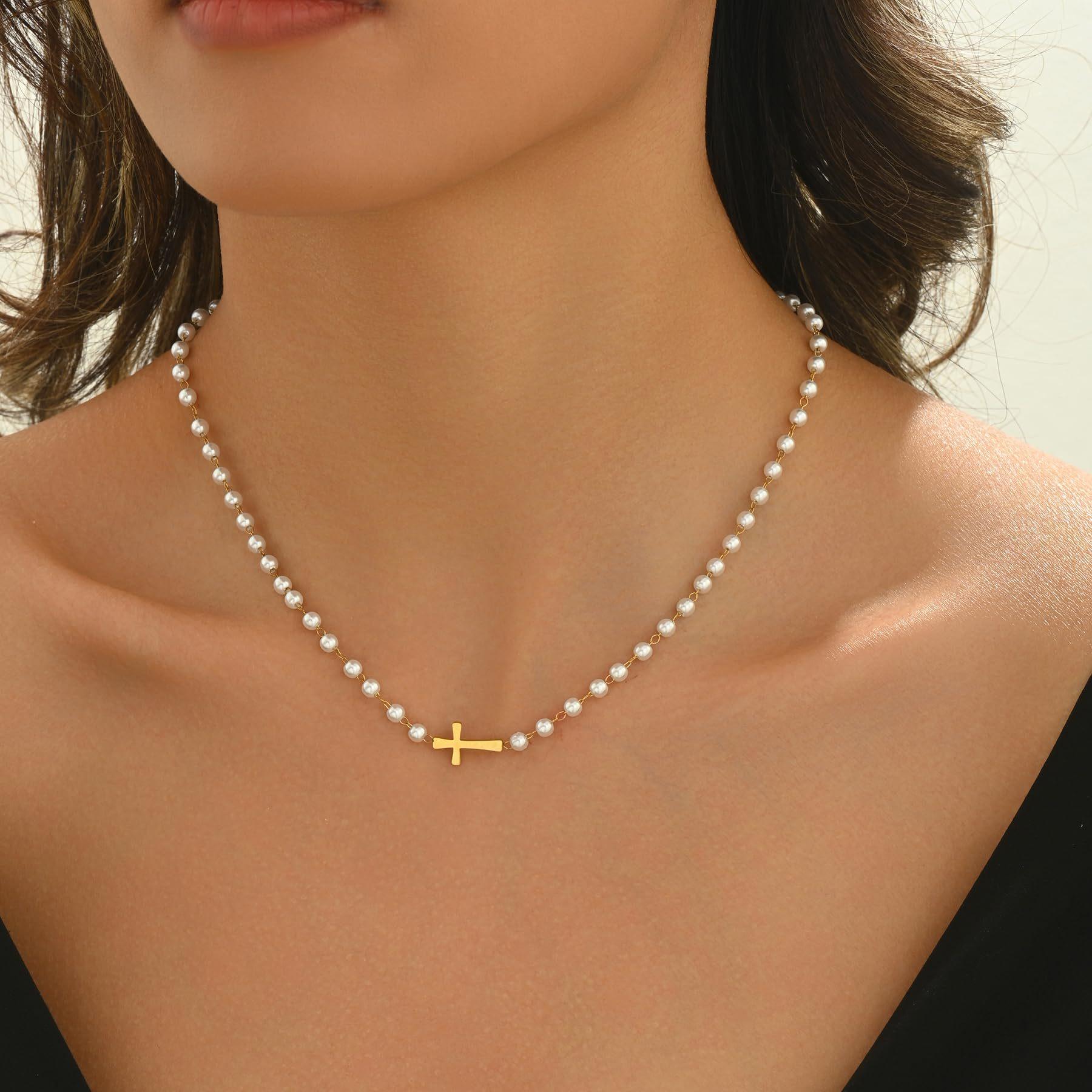 Tiny Cross Choker Necklace Dainty Minimalist Cross Pendant for Women Girls Fashion Jewelry Christmas Gift All-match Exquisite Pearls 2inch Extension Chain Black Friday Gift Dark Aesthetic Magnetic Copper Therapy Stainless Steel Charm for Men Women