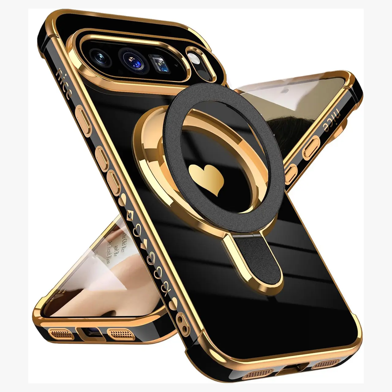 Compatible with Pixel 10 Pro XL/10 Pro/10/9 Pro/8A/7A | Magnetic Phone Case With Heart Ring Stand, Full Shockproof Cover HNZ0264