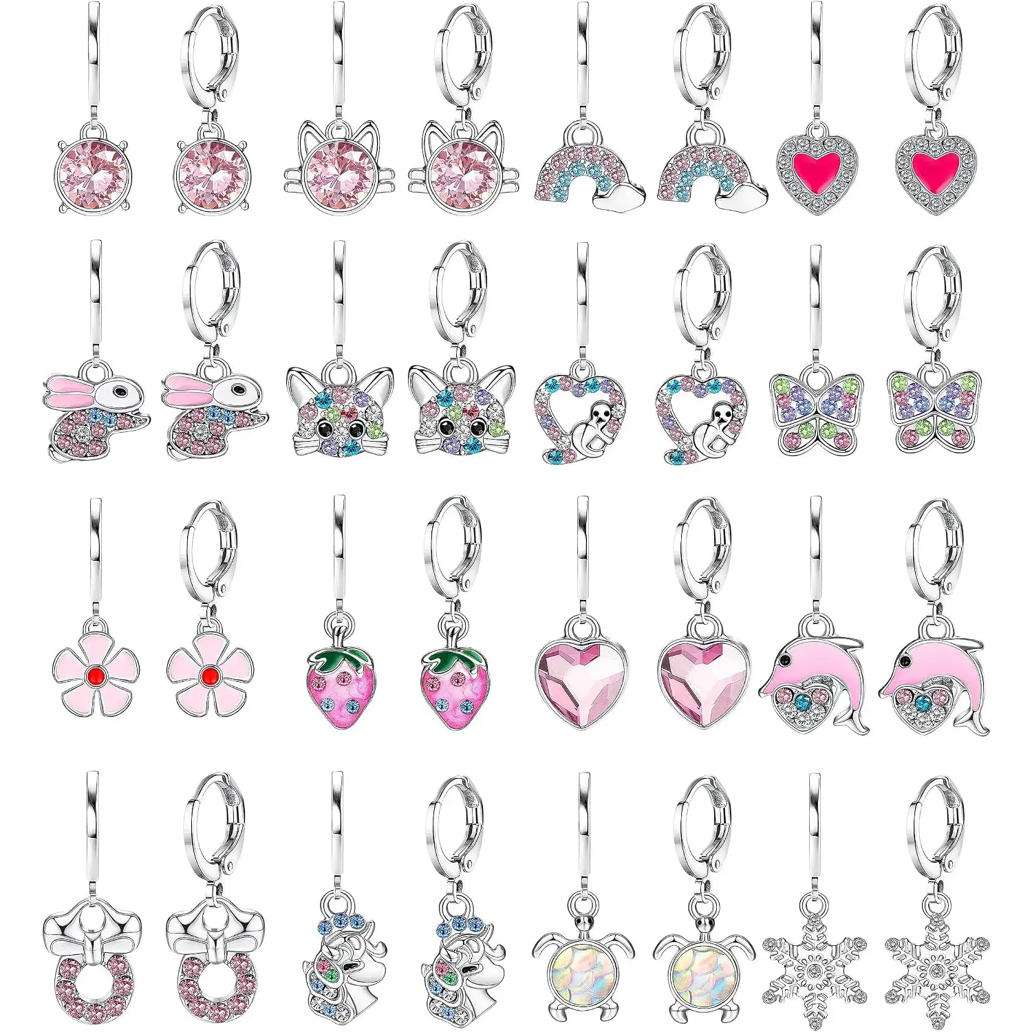 16 Pairs Hypoallergenic Earrings for Girls Women, Huggie Hoop Earring Set | Surgical Steel Cute Charm Heart & Animal Earrings for Sensitive Ears, Christmas Gifts