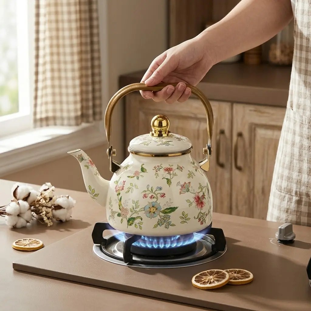 Bohemian Style Autumn Floral Enamel Teapot, Suitable for Induction Cooker, Flat Bottom with Stainless Steel Filter, Top Ball, Heat Resistant Handle