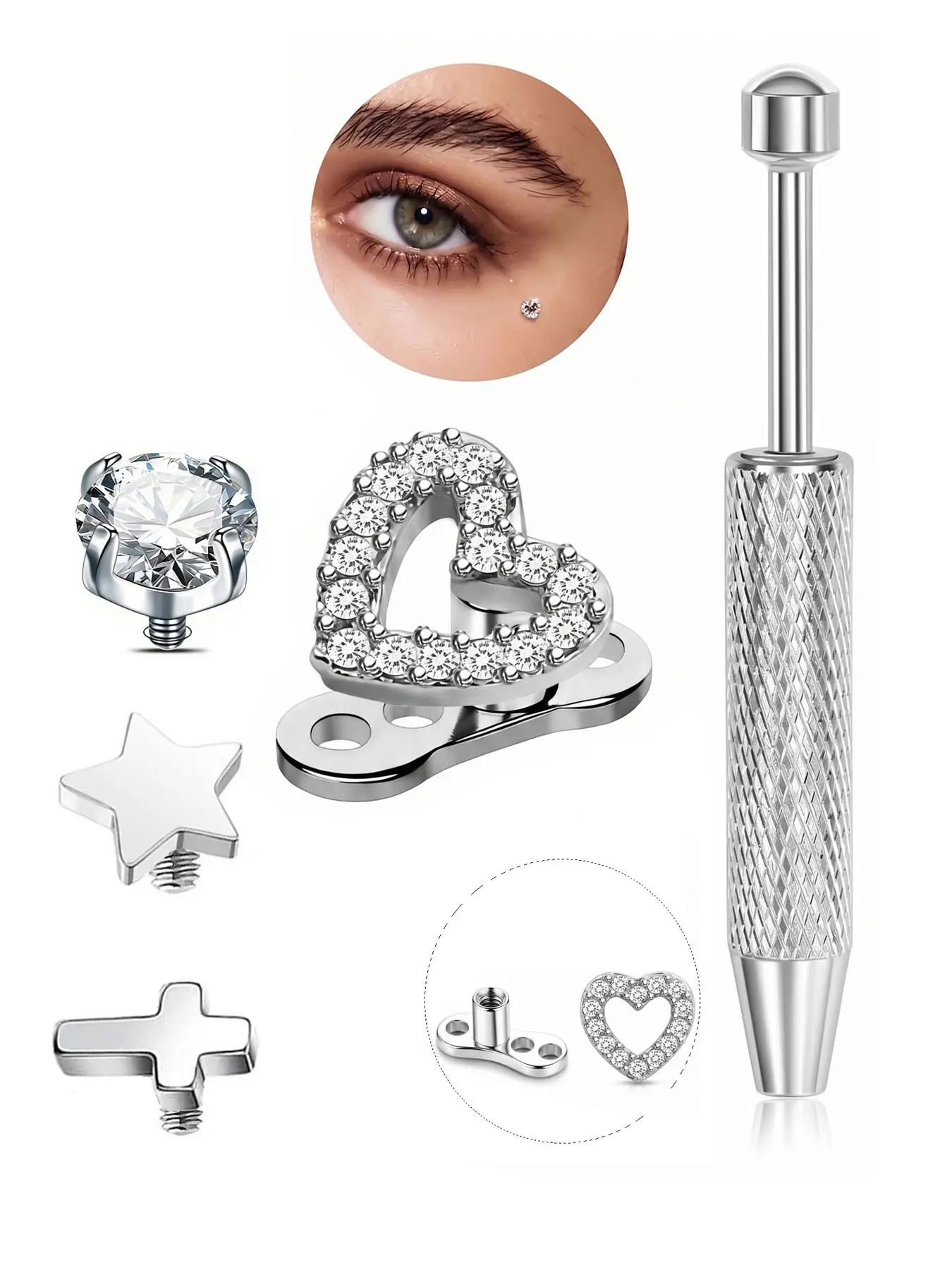 Stainless Steel Dermal Jewelry Piercing Kit, Hypoallergenic Cz Heart Dermal Top, Internally Threaded Stud, 3 Replacement Heads, Body Piercing for Women