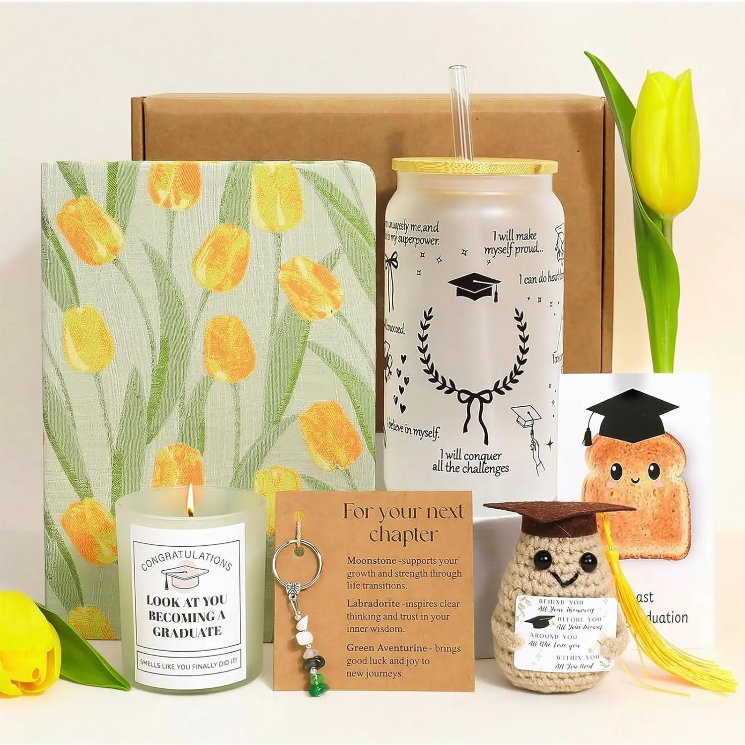 Graduation Gift Basket for Her 2026, College & High School Graduation Gifts for Women, Includes Glass Cup, Tulip Notebook, Candle, Keychain, Crochet Potato Doll & Card