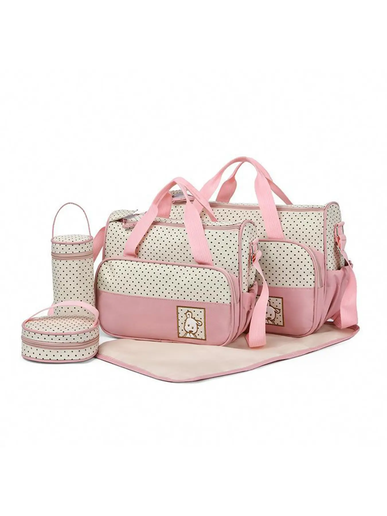 Fresh Polka Dot Rabbit Pattern Baby Bag Set, Large Capacity Mommy Bag, Diaper Bag With Changing Pad, Portable Milk Bottle Insulation Pouch, Diaper Changing Pad